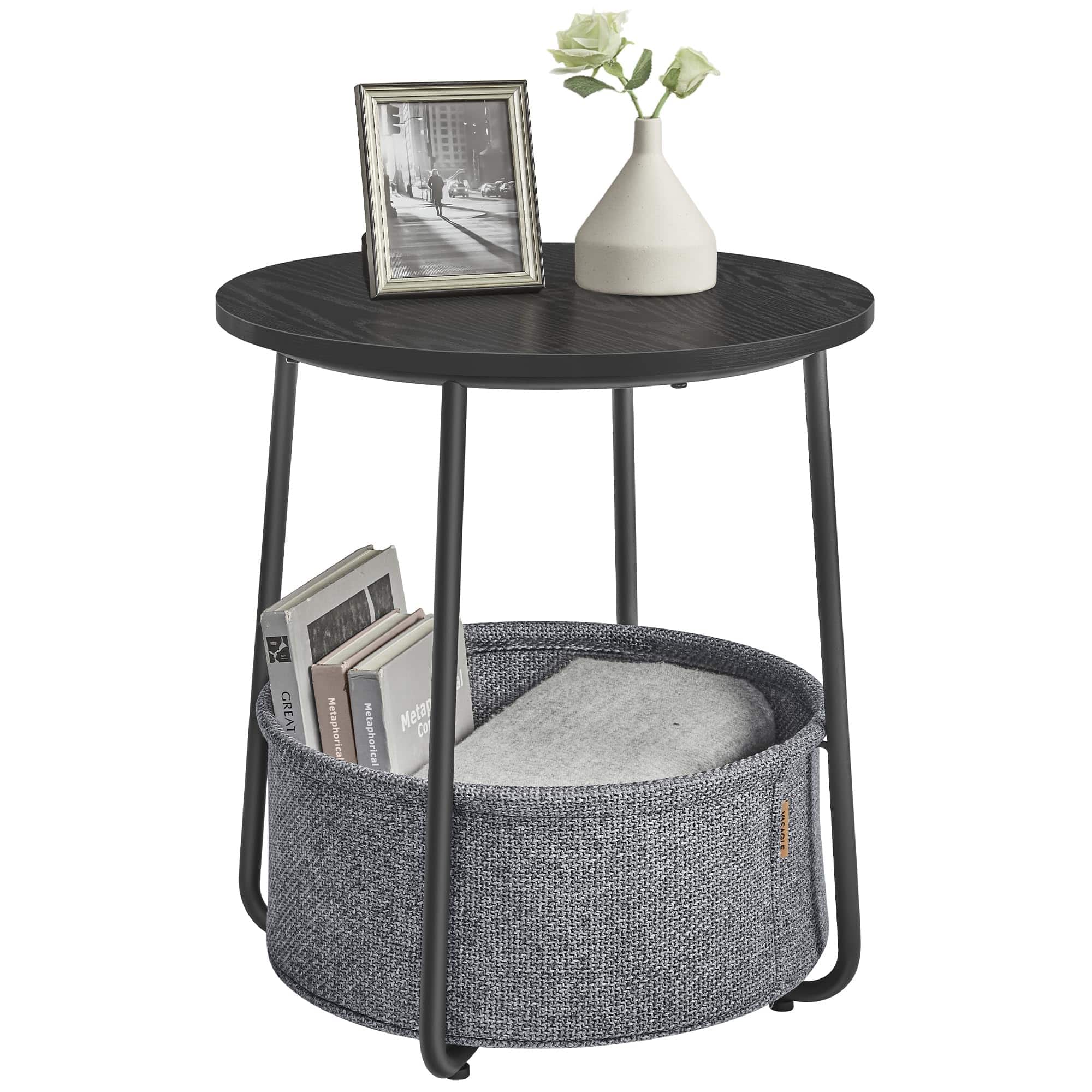 Songmics Home - Small Round Side End Table – Modern Nightstand with Fabric Basket Ebony - Black