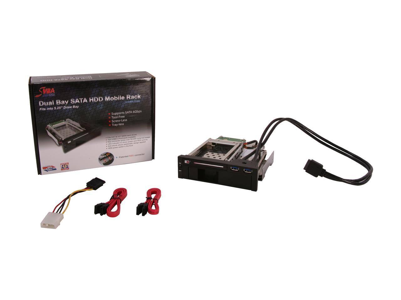 SYBA Dual Bay SATA HDD Mobile Rack  
Fits into 5.25" Drive Bay  
Supports SATA 6Gbps  
Screw-Less  
Tray-less  

- Powered via USB  
- Supports SATA 6Gbps  
- Screw-Less Tray-less  
- Fits into 5.25" Drive Bay  
- Supports SATA HDD and SSD  
- USB 3.0 to SATA Converter  

CE, FCC, RoHS, REACH, RoHS, REACH
