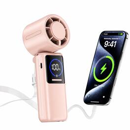 PRIMEPLUS - Turbo Handheld Fan 15000mAh Foldable, 40H 4-in-1 Neck Fan w/ USB-C & Display, 15m/s for Travel Outdoor Gift - Pink