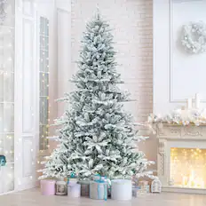 Front. Gymax - Gymax 8 FT Snow Flocked Artificial Christmas Tree w/ 1447 PVC & PE Tips 800 LED Lights - Green, White.