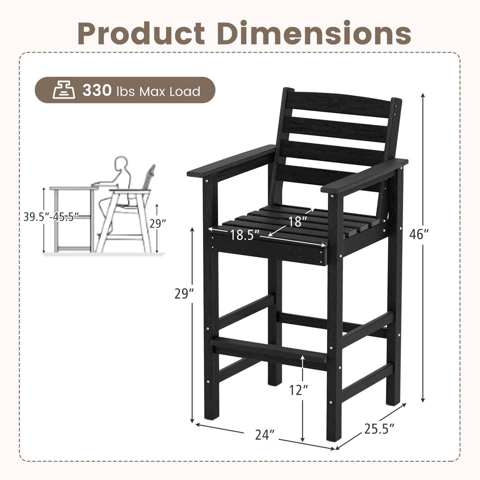Product Dimensions: 330 lbs Max Load, 39.5"-45-5" 1 29" 18.5" 18" 46" 29" 12" 24" 25.5"