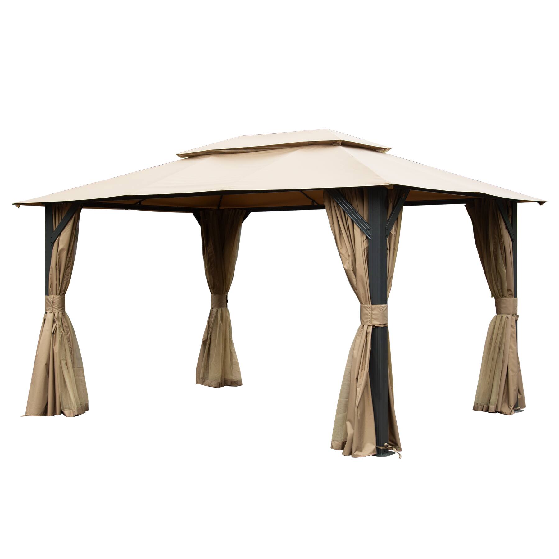 Back. Mondawe - 10x14FT Outdoor Gazebo, Curtains and Mosquito Nettings included,Heavy Duty Metal Frame - Brown.