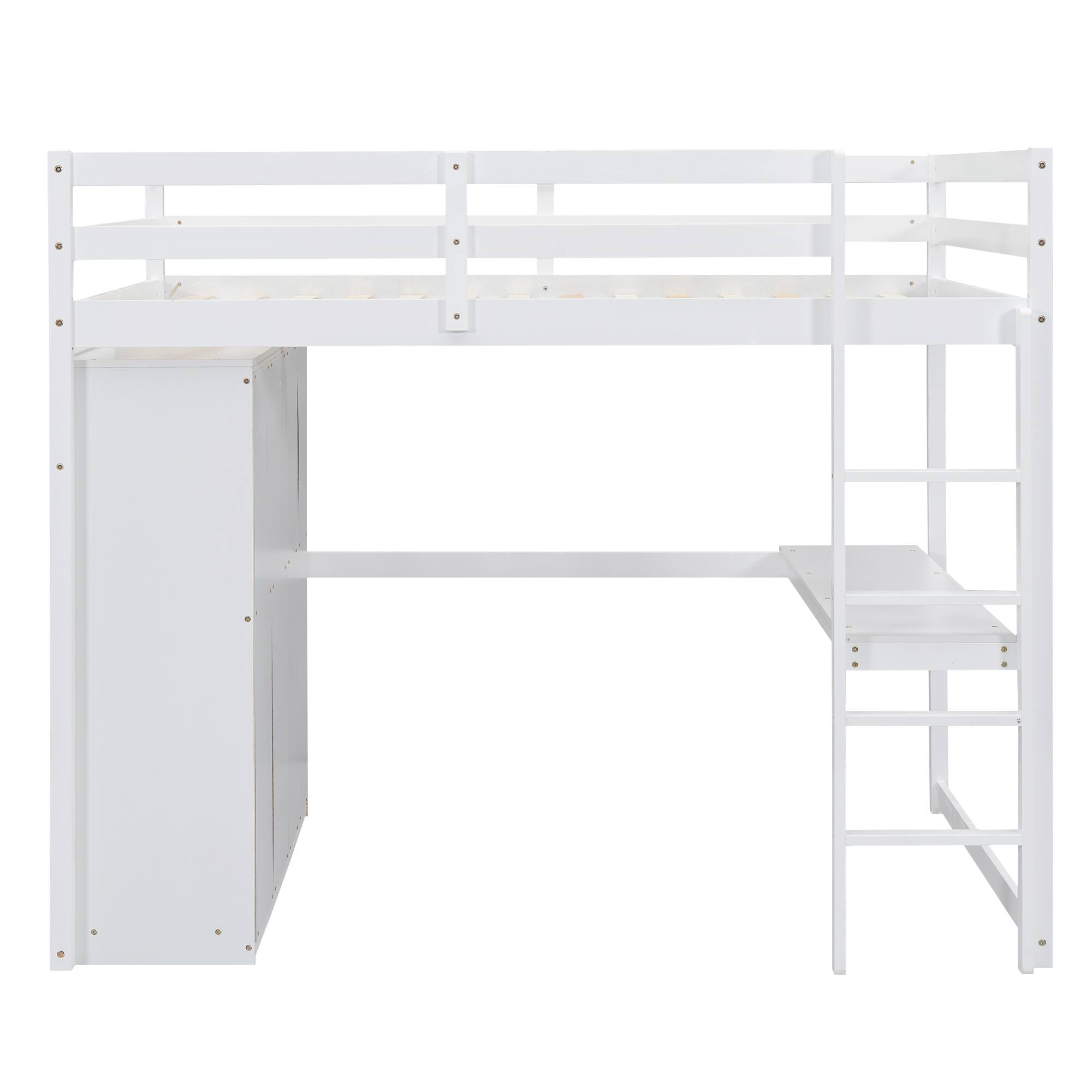 Alt View 2. Whisen - Full Size Loft Bed with Wardrobe, Desk, Storage Shelves and Drawers, Wood Bedroom Furniture - White.