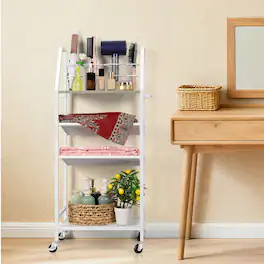 Oumilen - 4-Tier Rolling Hair Tool Storage Cart, Gray Wood Board Lockable Wheels for Salon Bathroom - White