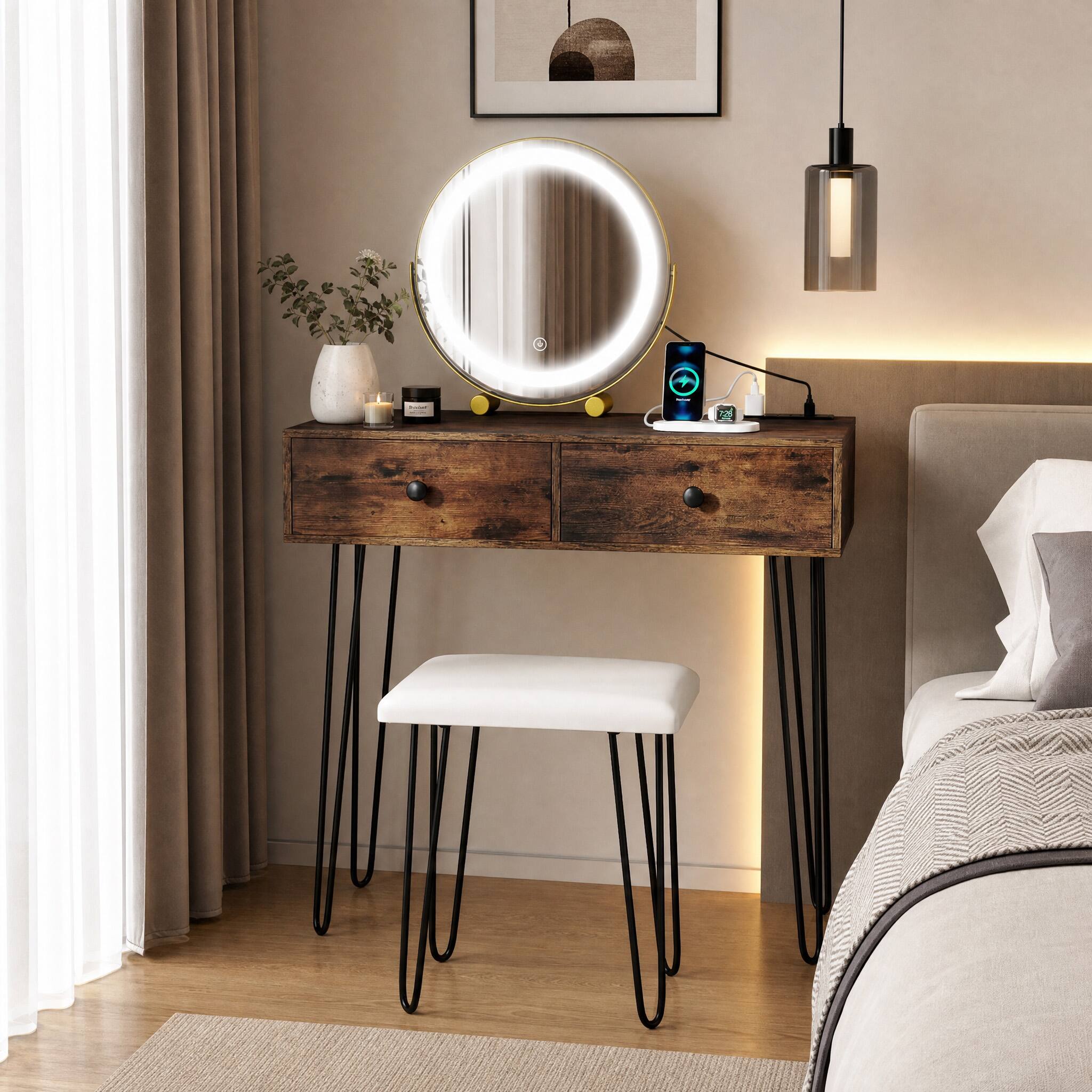 Angle. WELLFOR - Makeup Vanity Desk with LED Lighted Mirror & Charging Station, Vanity Table Set with  Stool & 2 Drawers - Rustic Brown.