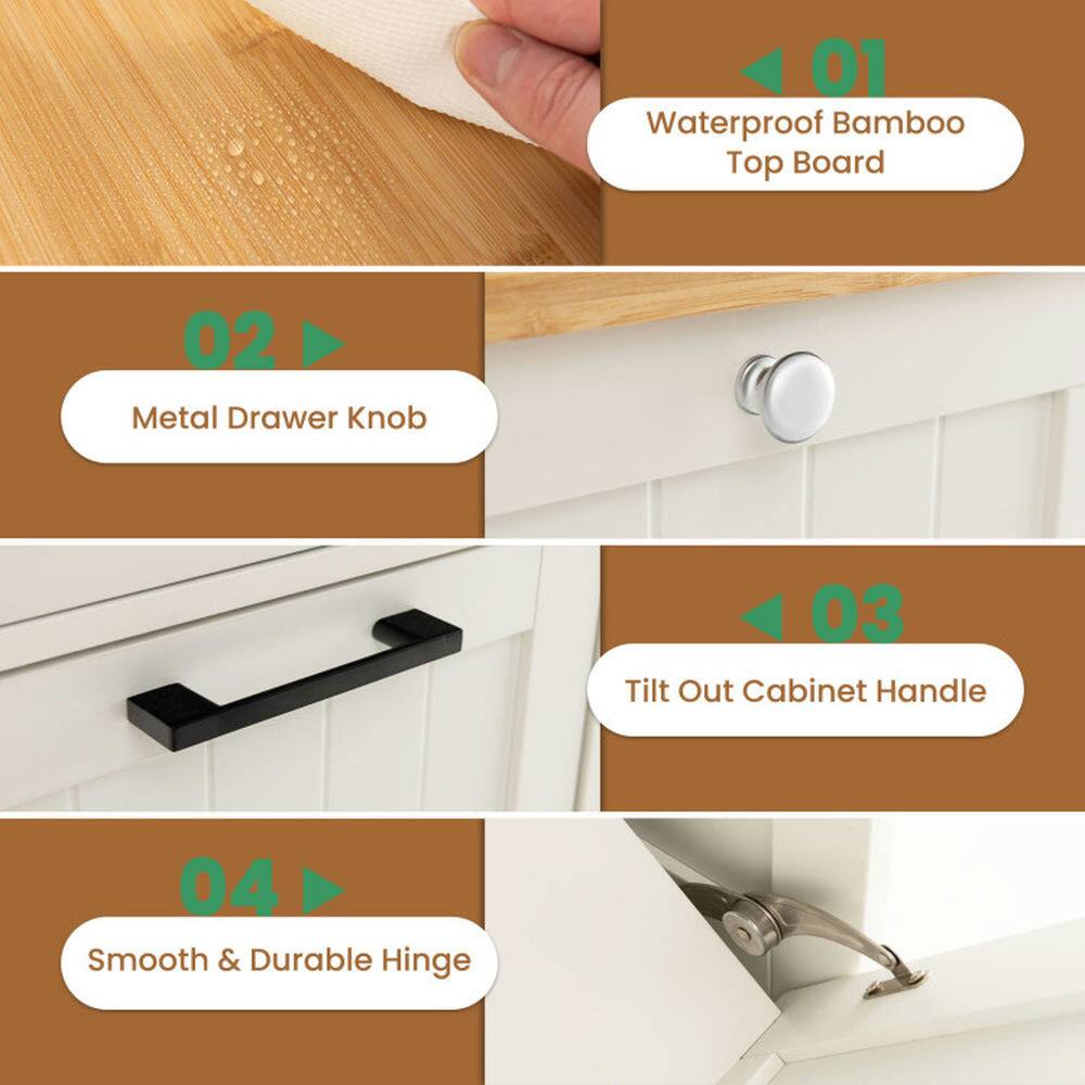 01 Waterproof Bamboo Top Board  
02 Metal Drawer Knob  
03 Tilt Out Cabinet Handle  
04 Smooth & Durable Hinge