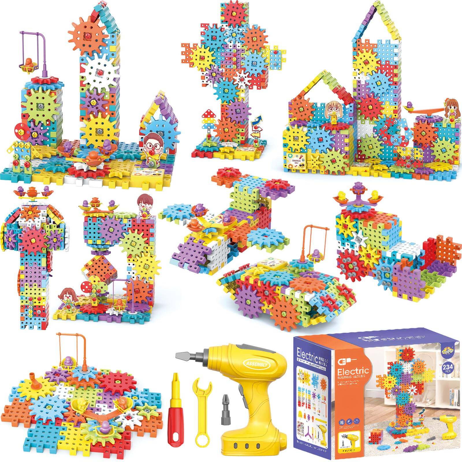 Kids Toys Age 3 IIROMECI STEM Building Toys - 248 PCS Gear Set With Electric Drill & Motor, Construction Toy For Kids Age 3 Motorized Building Blocks