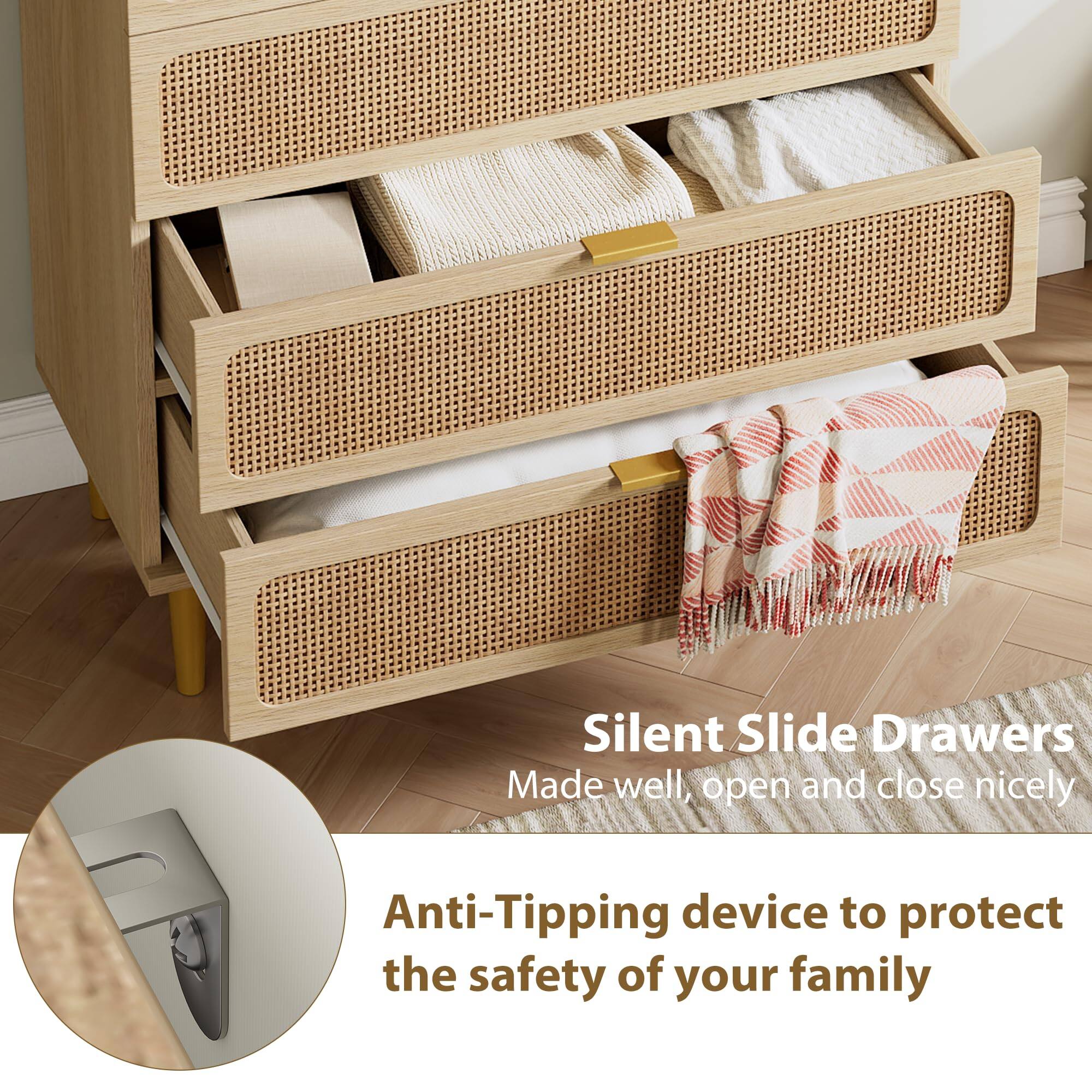 Silent Slide Drawers  
Made well, open and close nicely  

Anti-Tipping device to protect the safety of your family