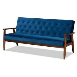 Baxton Studio - Sorrento Mid-century Modern Velvet Fabric Upholstered Walnut Finished Wooden 3-seater Sofa - Navy Blue/Brown