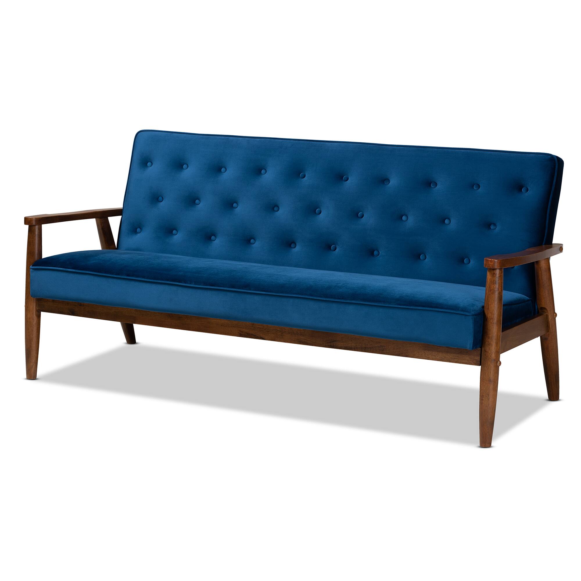 Front. Baxton Studio - Sorrento Mid-century Modern Velvet Fabric Upholstered Walnut Finished Wooden 3-seater Sofa - Navy Blue/Brown.
