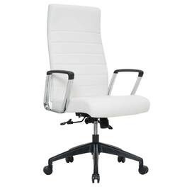 LeisureMod - Hilton High-Back Adjustable Office Desk Chair Upholstered in Leather with Steel Frame, Swivel, and Ergonomic Support - White
