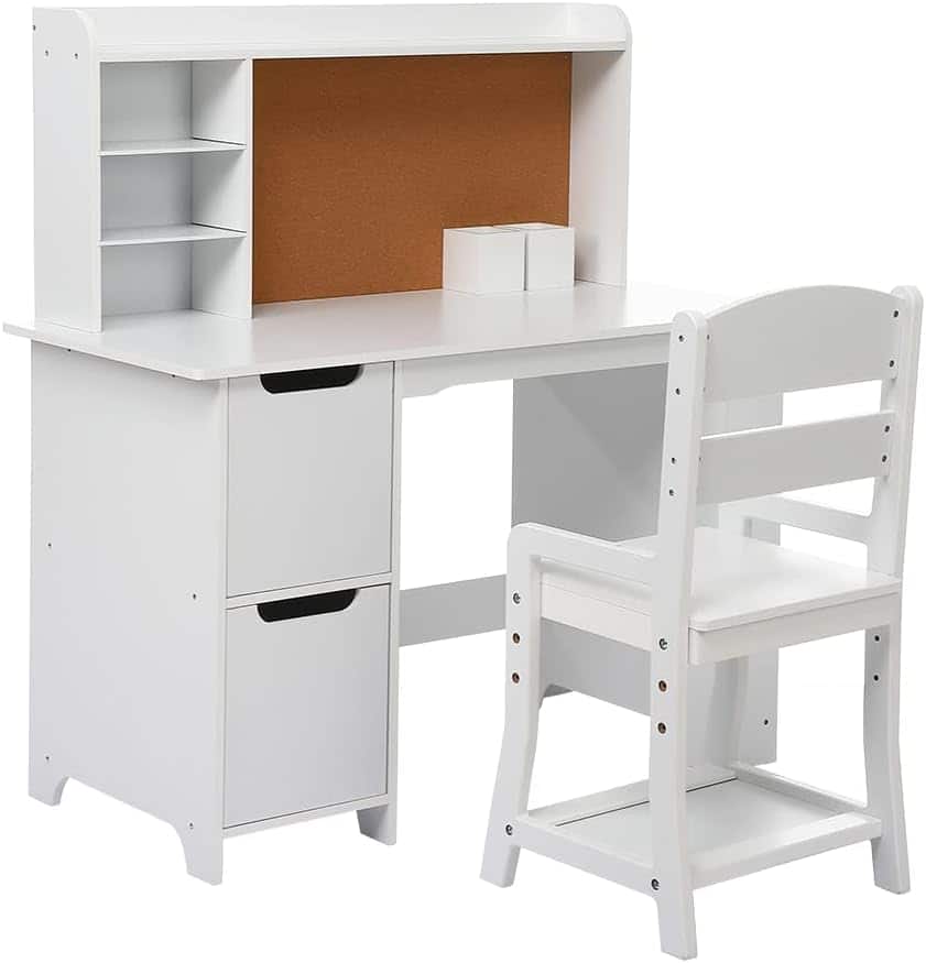 GARVEE - Study Desk and Chair Set with Bookshelf, Bulletin Board, and Cabinets - Ideal for Boys and Girls Ages 3-8 - White