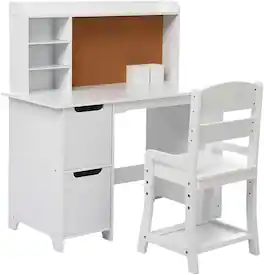 GARVEE - Study Desk and Chair Set with Bookshelf, Bulletin Board, and Cabinets - Ideal for Boys and Girls Ages 3-8 - White