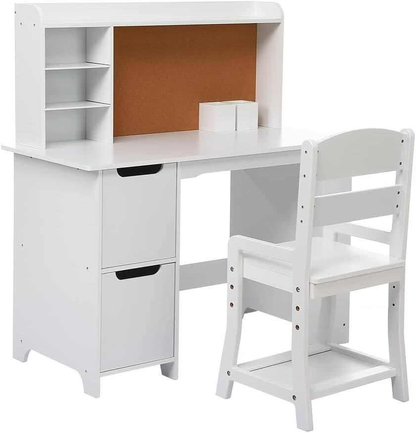 Front. GARVEE - White Study Desk and Chair Set with Bookshelf, Bulletin Board, and Cabinets - Ideal for Boys and Girls Ages 3-8 - White.