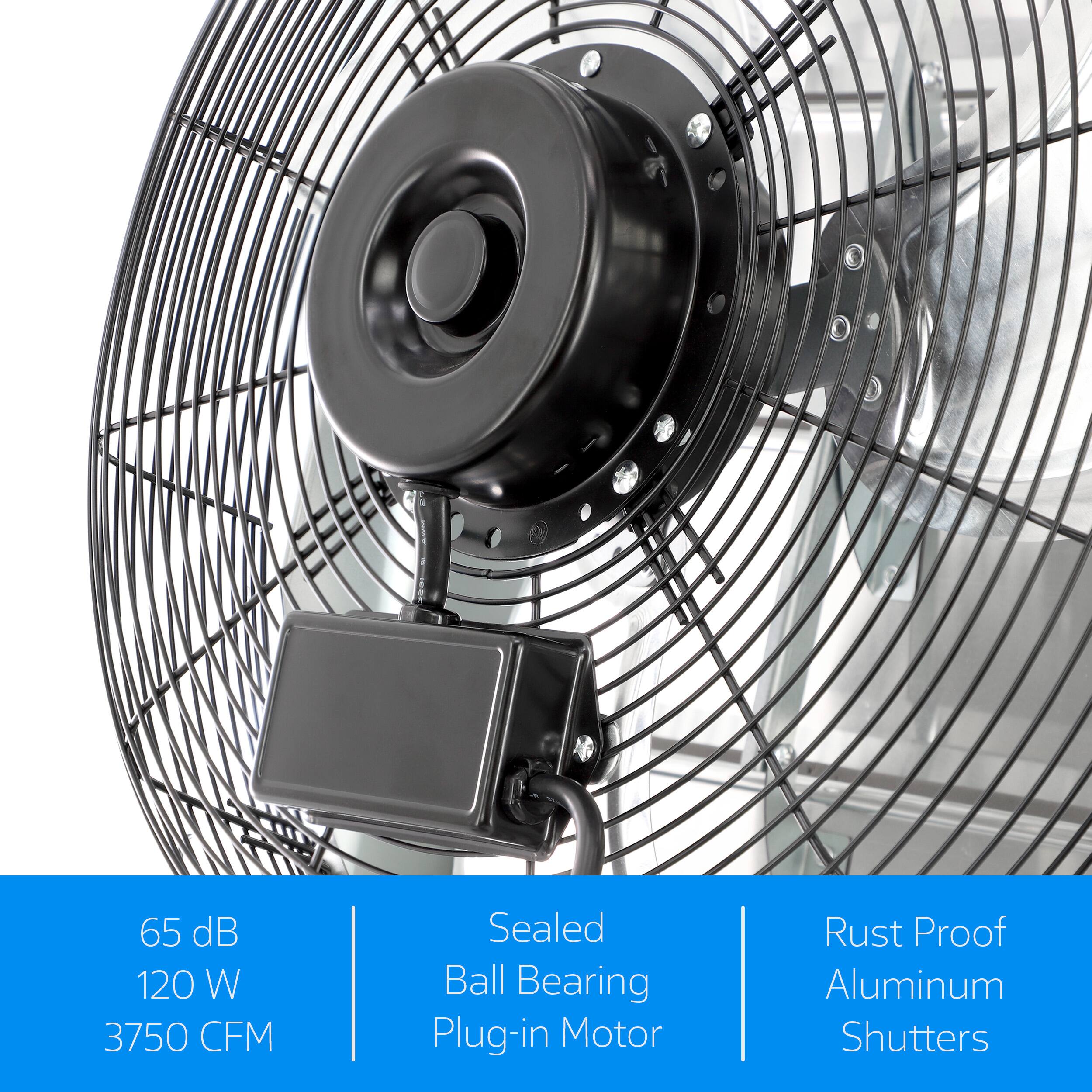 65 dB, 120 W, 3750 CFM, Sealed Ball Bearing Plug-in Motor, Rust Proof Aluminum Shutters