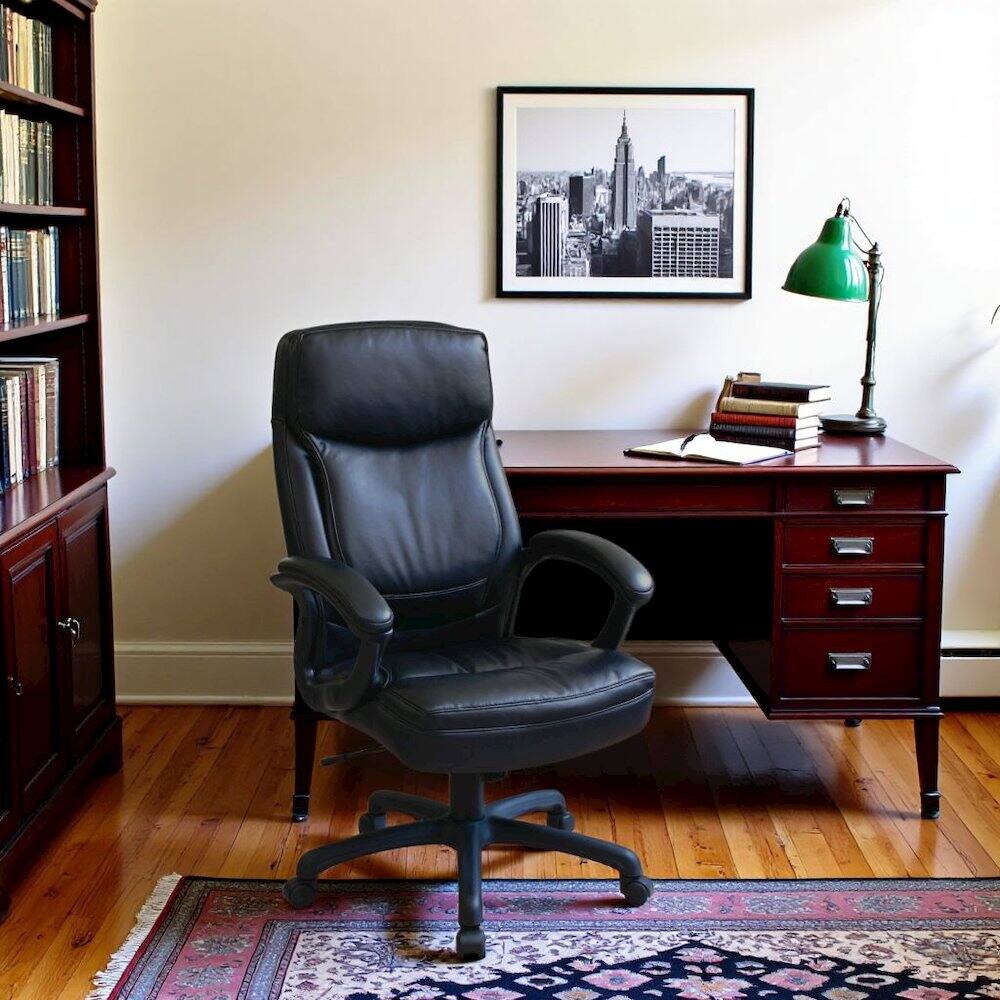 Back. FurniFact - Black Leather Executive Chair – High-Back Work Chair With Wheels - Black.