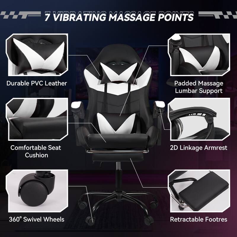 7 VIBRATING MASSAGE POINTS

- Durable PVC Leather
- Padded Massage Lumbar Support
- Comfortable Seat Cushion
- 2D Linkage Armrest
- 360° Swivel Wheels
- Retractable Footrest