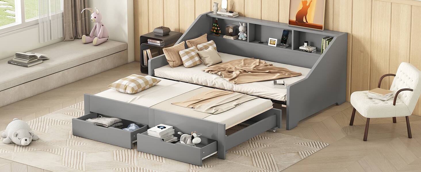 Alt View 5. Tiramisubest - Twin to King Size Daybed Frame with Storage Bookcases and Two Drawers,Charging Design,Gray - Gray.
