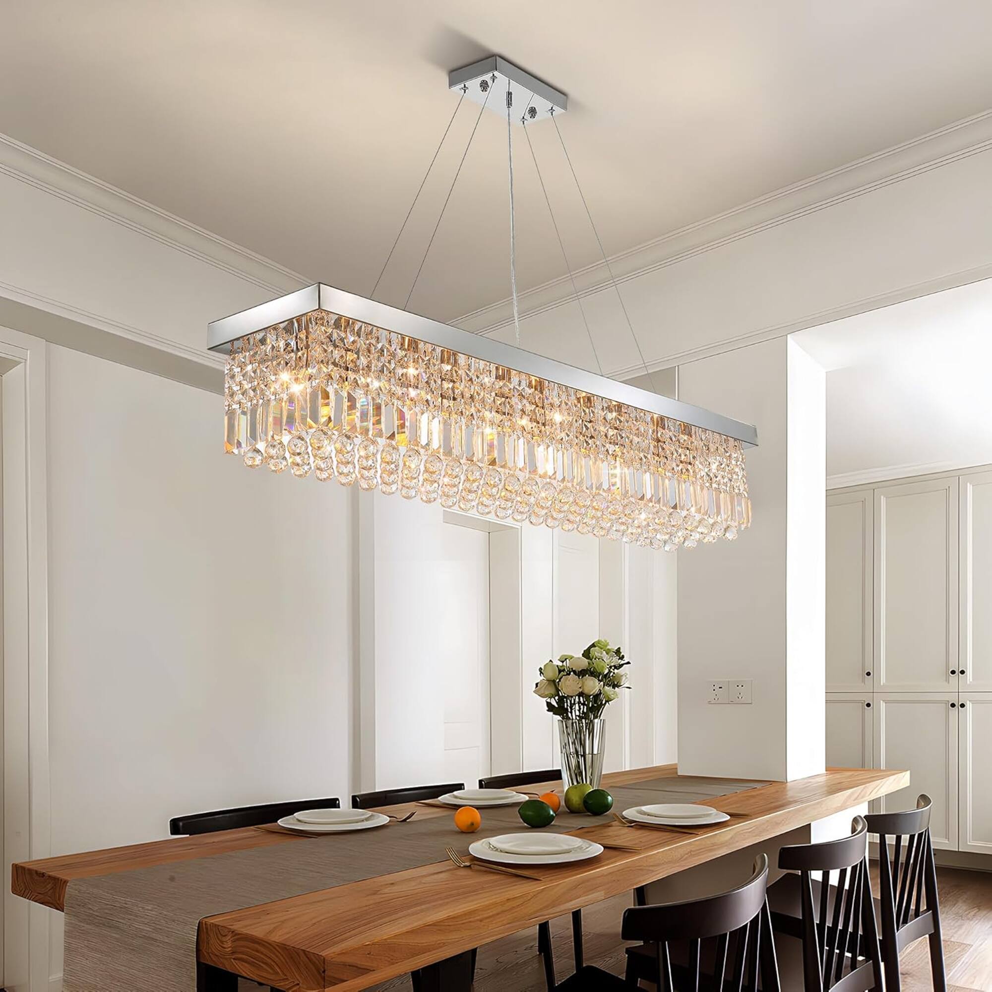 Left. Siljoy - 47.2" 10-Light Chrome Linear K9 Crystal Chandelier, Adjustable E12 for Kitchen Dining Living Foyer - Chrome.