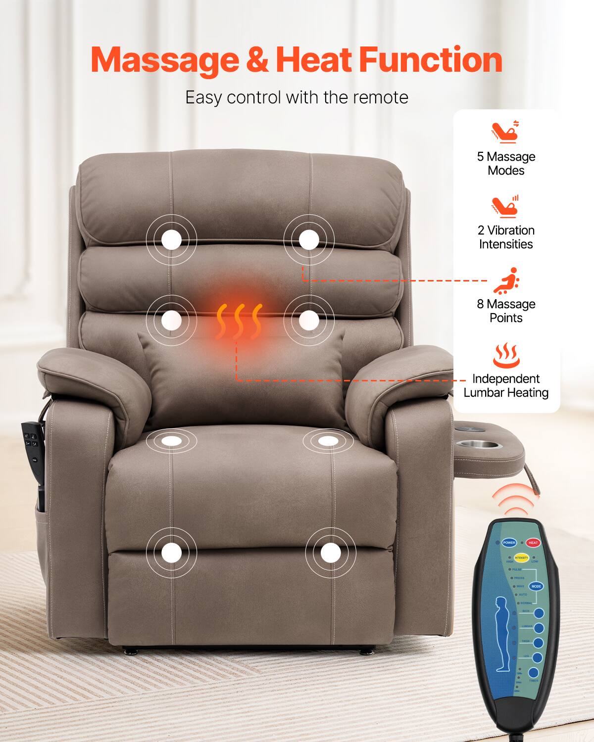 Massage & Heat Function  
Easy control with the remote  

5 Massage Modes  
2 Vibration Intensities  
8 Massage Points  
Independent Lumbar Heating