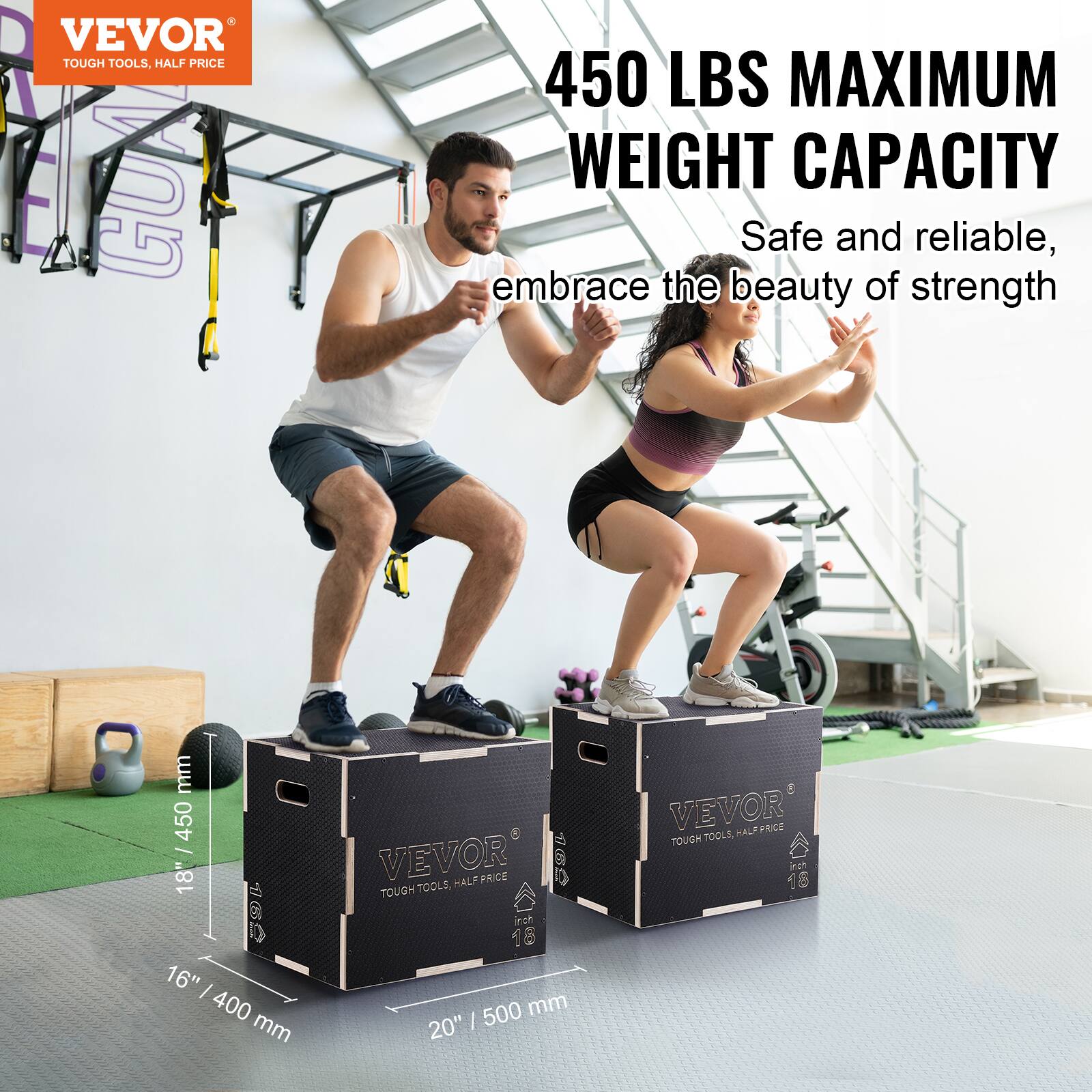 VEVOR TOUGH TOOLS, HALF PRICE. 450 LBS MAXIMUM WEIGHT CAPACITY. Safe and reliable, embrace the beauty of strength. 18" / 450 mm, 16" / 400 mm, 20" / 500 mm.