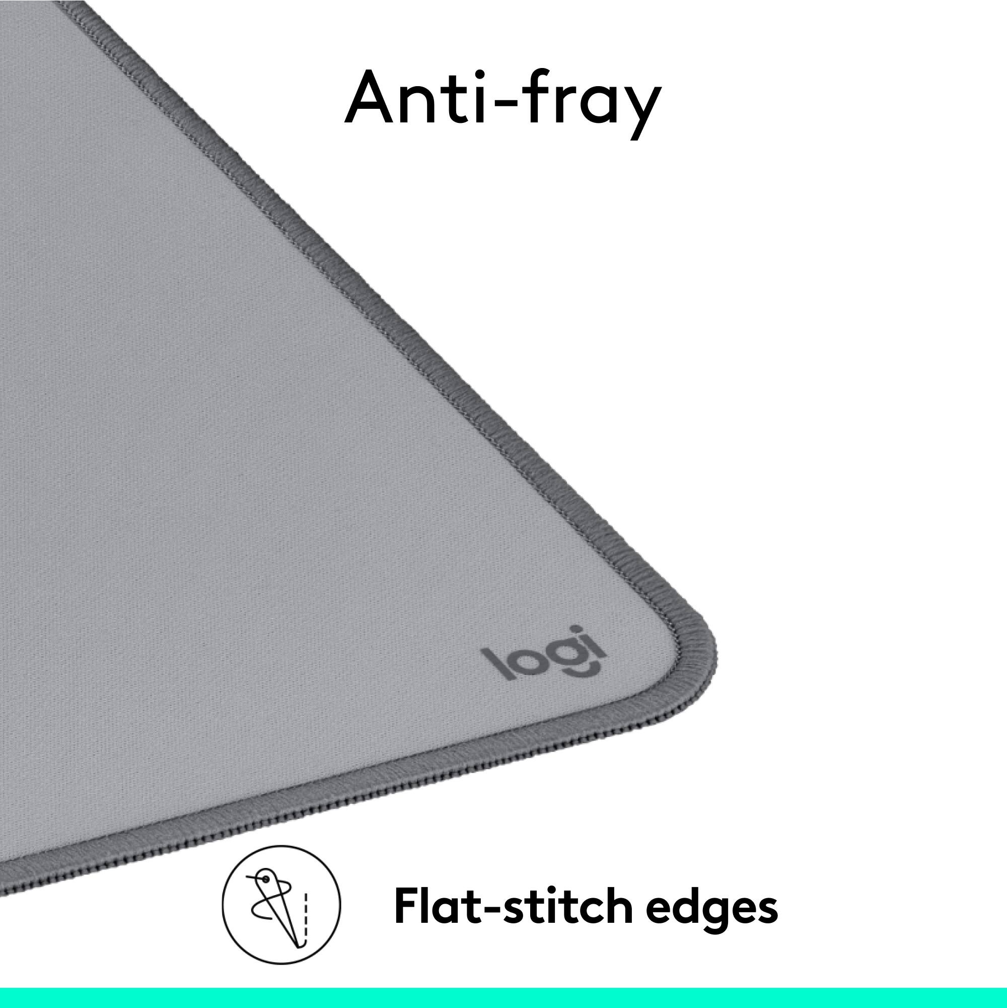The text on the image is grouped as follows:

"Anti-fray logi Flat-stitch edges"