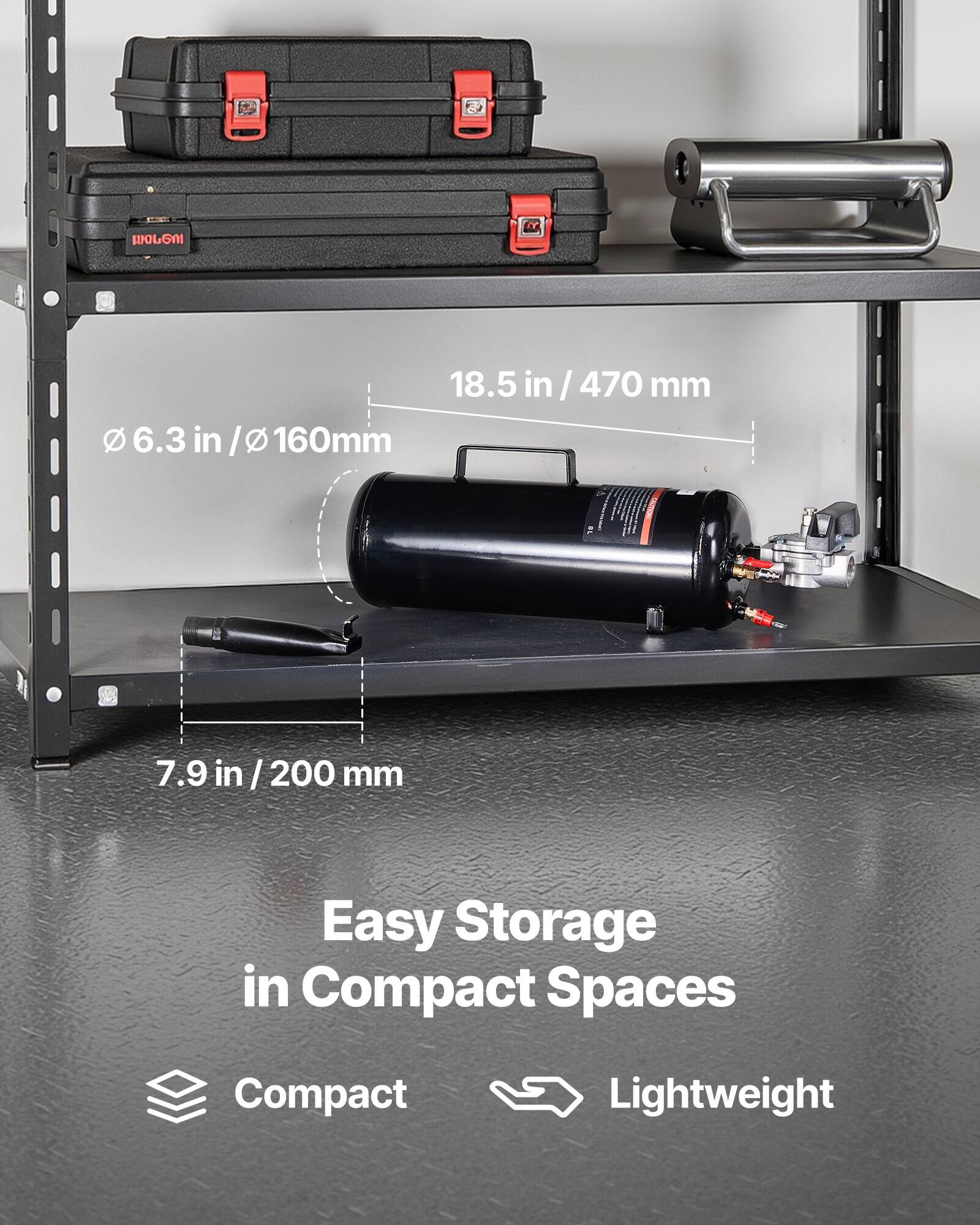 OLGNI 18.5 in/470 mm  
Ø 6.3 in/Ø 160mm  
7.9 in/200 mm  
Easy Storage in Compact Spaces  
Compact Lightweight