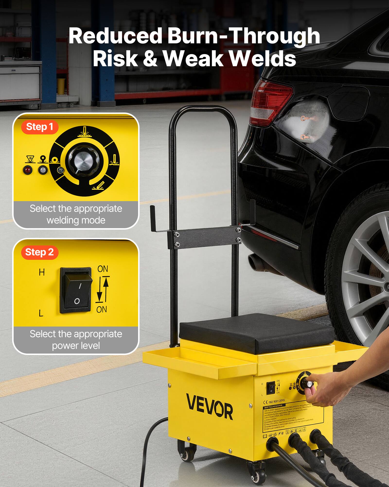 Reduced Burn-Through Risk & Weak Welds

Step 1
Select the appropriate welding mode

Step 2
Select the appropriate power level