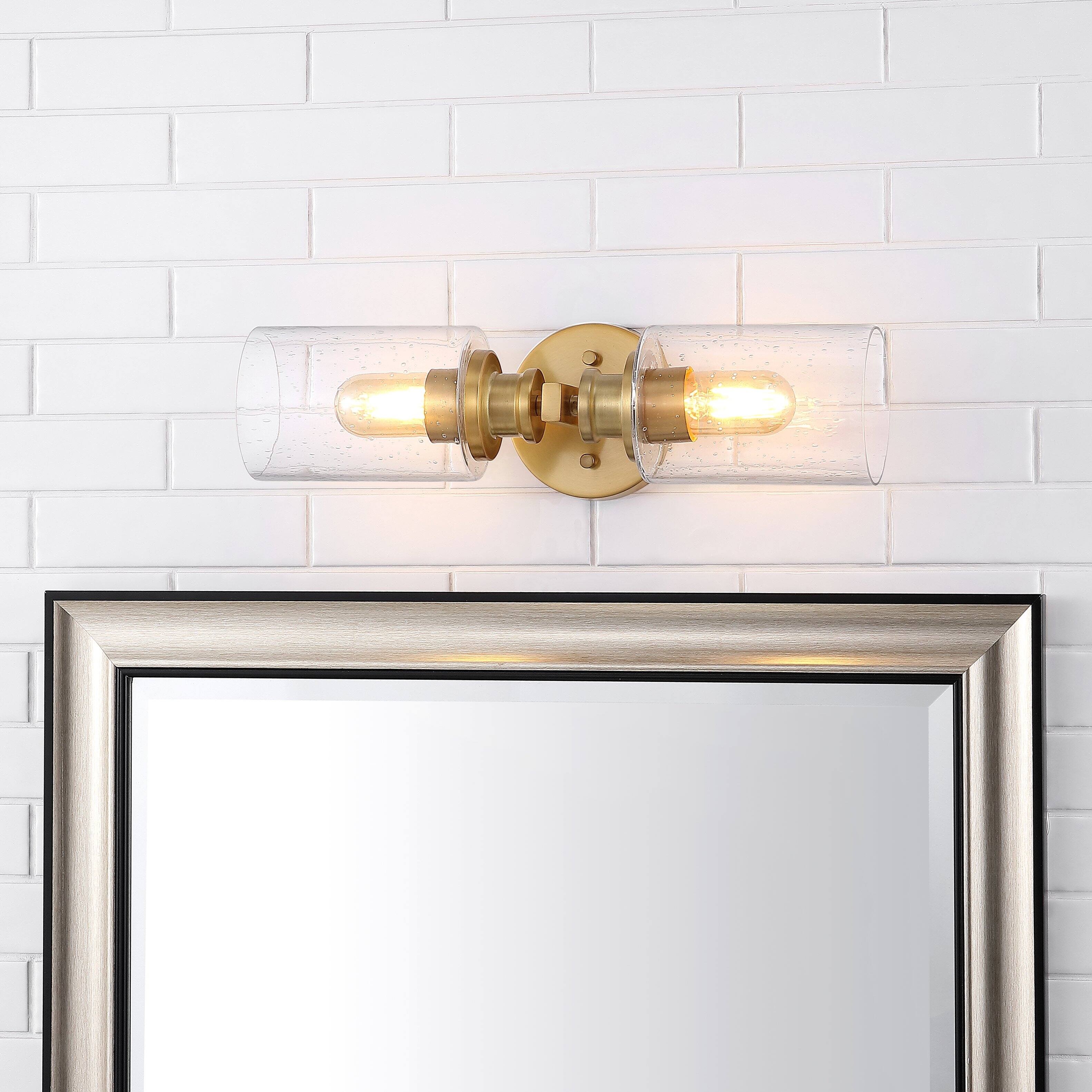 Alt View 1. Jonathan Y - Jules Edison 16.5" Cylinder 2-Light Iron/Seeded Glass Farmhouse Contemporary LED Wall Sconce, Brass Gold - Brass Gold.