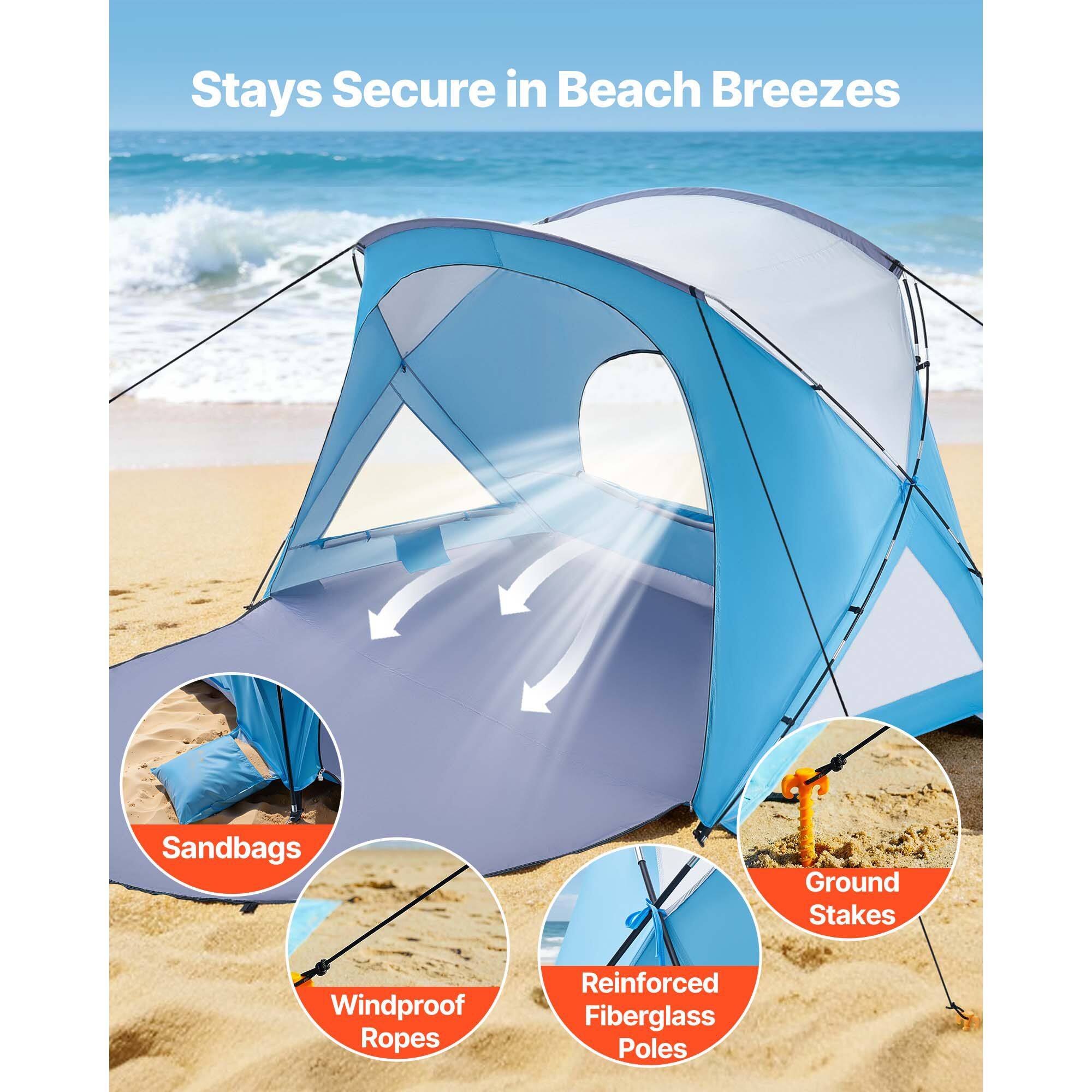 Stays Secure in Beach Breezes  
Sandbags  
Ground Stakes  
Windproof Ropes  
Reinforced Fiberglass Poles