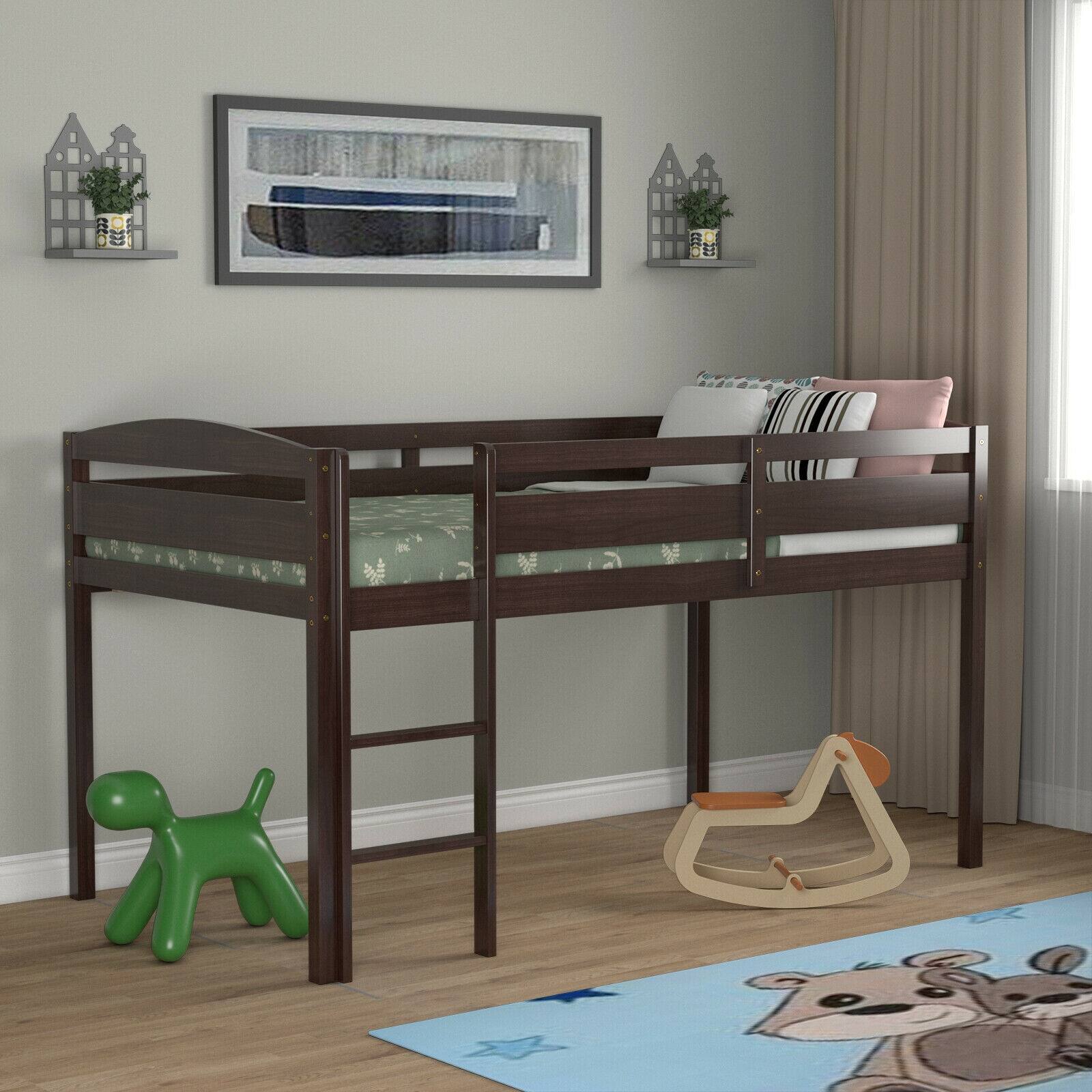 Alt View 3. Sugift - Wooden Twin Low Loft Bunk Bed with Guard Rail and Ladder - Brown.