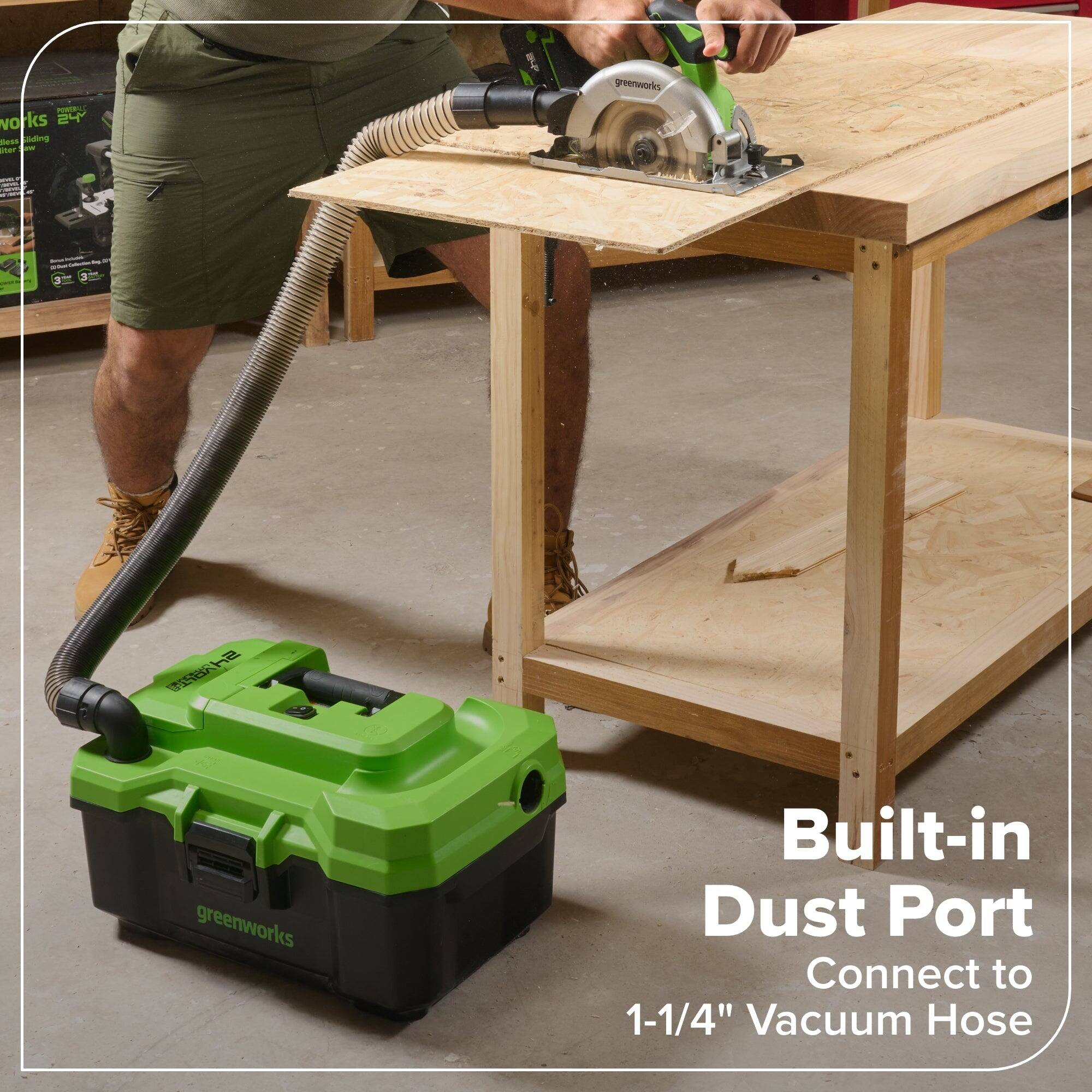 greenworks - Built-in Dust Port  
Connect to 1-1/4" Vacuum Hose