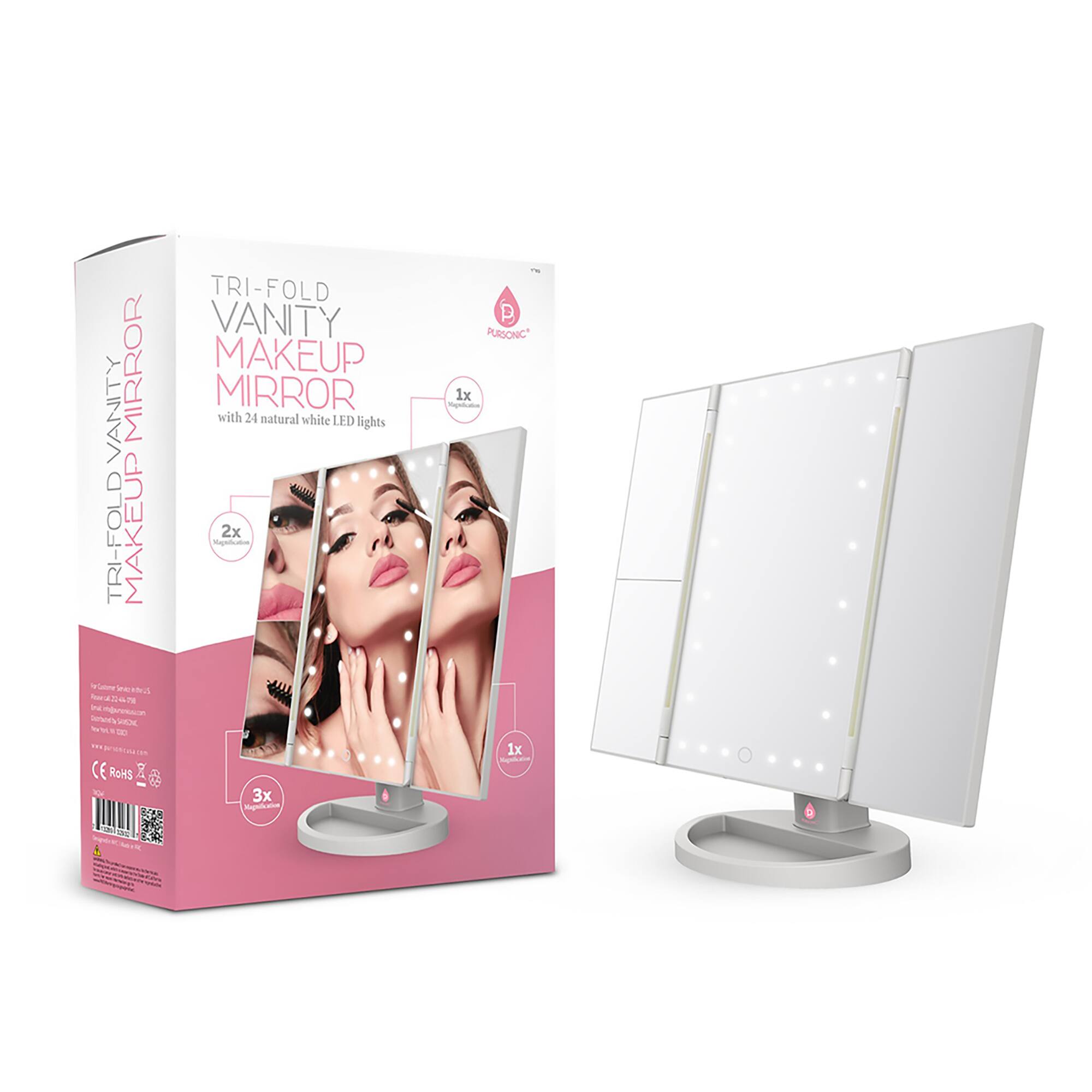 VANITY MIRROR TRI-FOLD MAKEUP

CE RoHS

TRI-FOLD VANITY MAKEUP MIRROR with 24 natural white LED lights

1x
2x
3x

PURSONIC