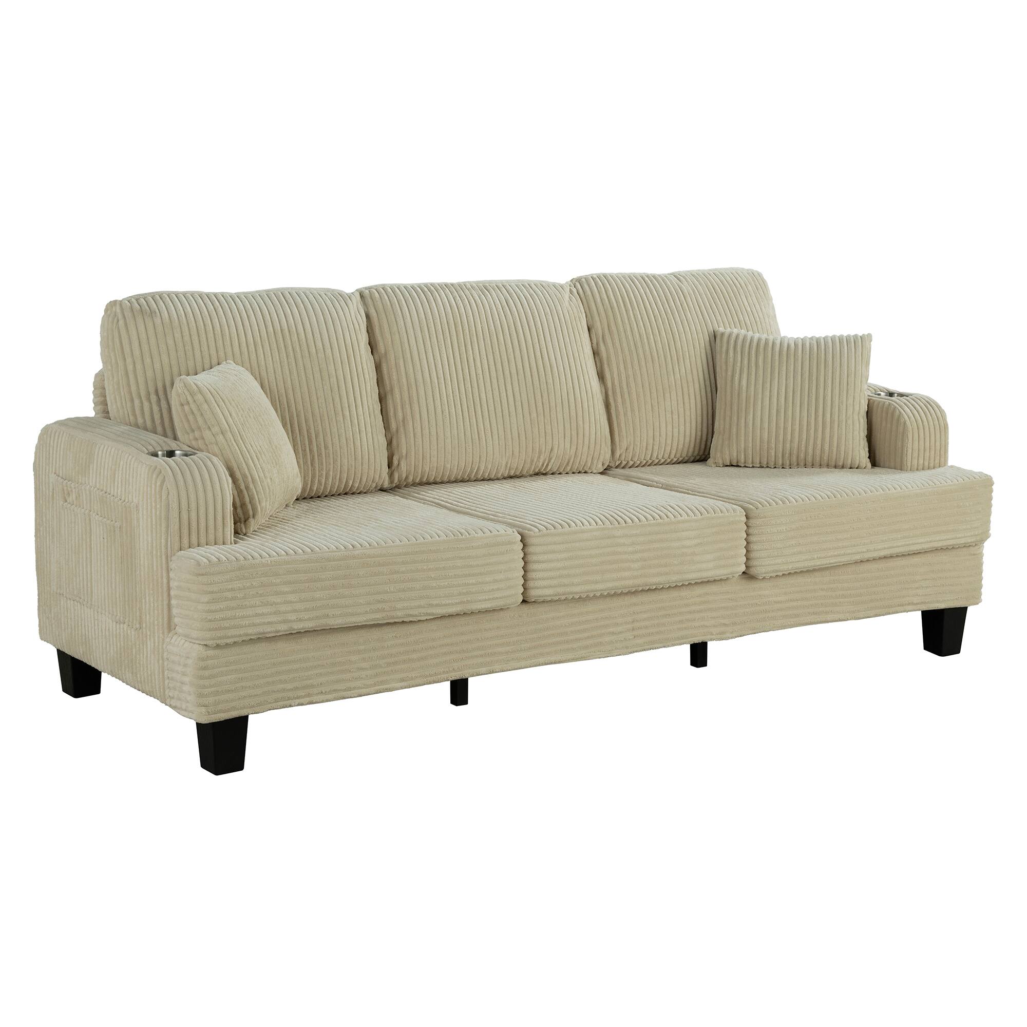 Alt View 1. Vaczon - USB Charging Sofa with Cup Holders, 3-Seat Upholstered Sofa with 2 Throw Pillows, Corduroy Fabric Living Room Couch - Beige.
