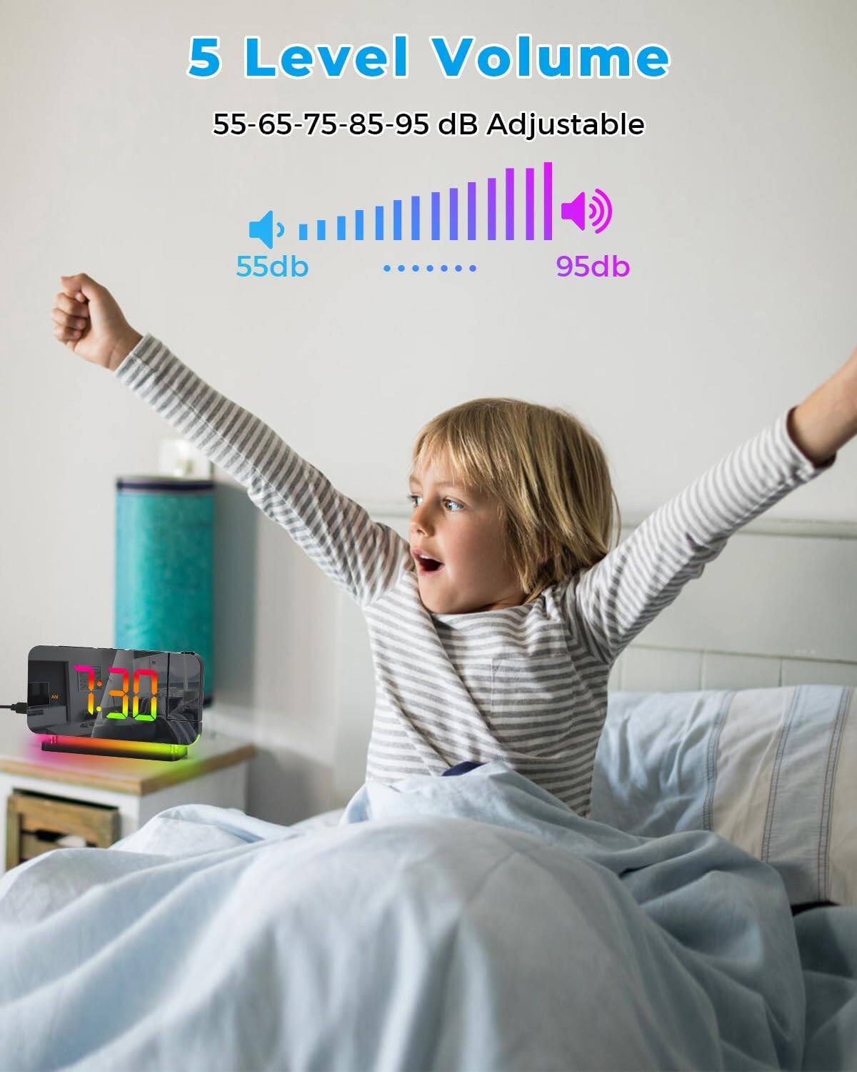 5 Level Volume  
55-65-75-85-95 dB Adjustable  
55db  
95db  

7:30