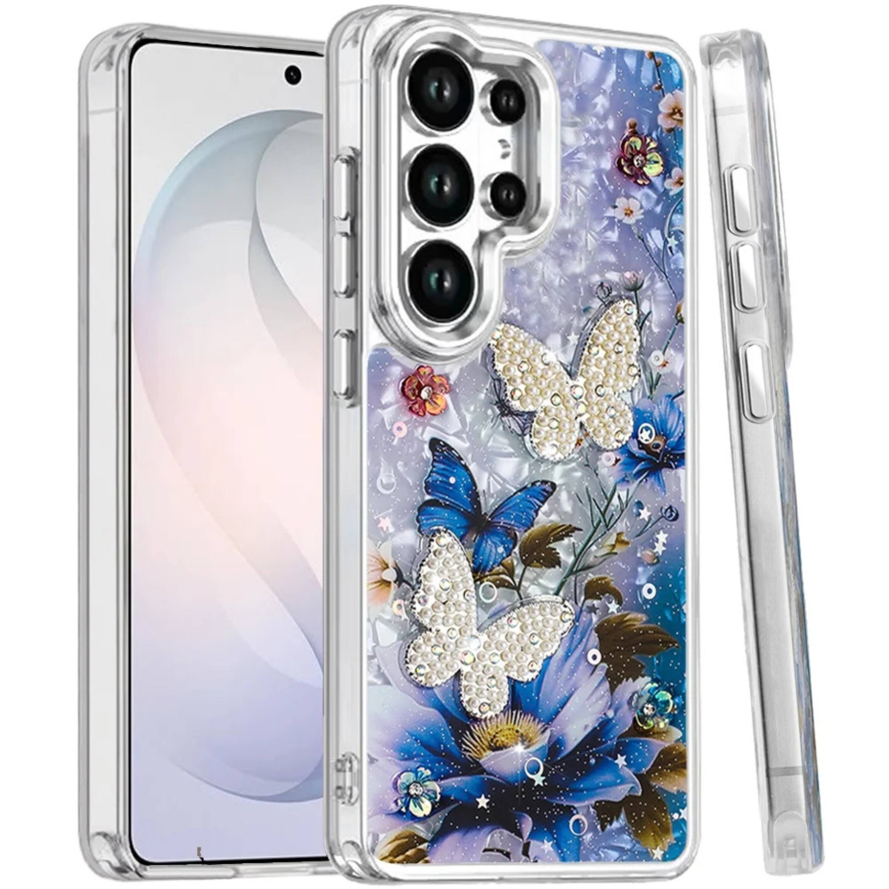 Angle. Kitcheniva - Floral Glitter Epoxy Butterfly Protective Case With Tempered Glass For Samsung S26 Ultra Blue Butterfly - Blue.