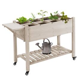 Outsunny - Raised Garden Bed with 8 Grow Grids, Wooden Outdoor Plant Box Stand with Folding Side Table and Wheels, 49" x 21" x 34" - Natural Wood