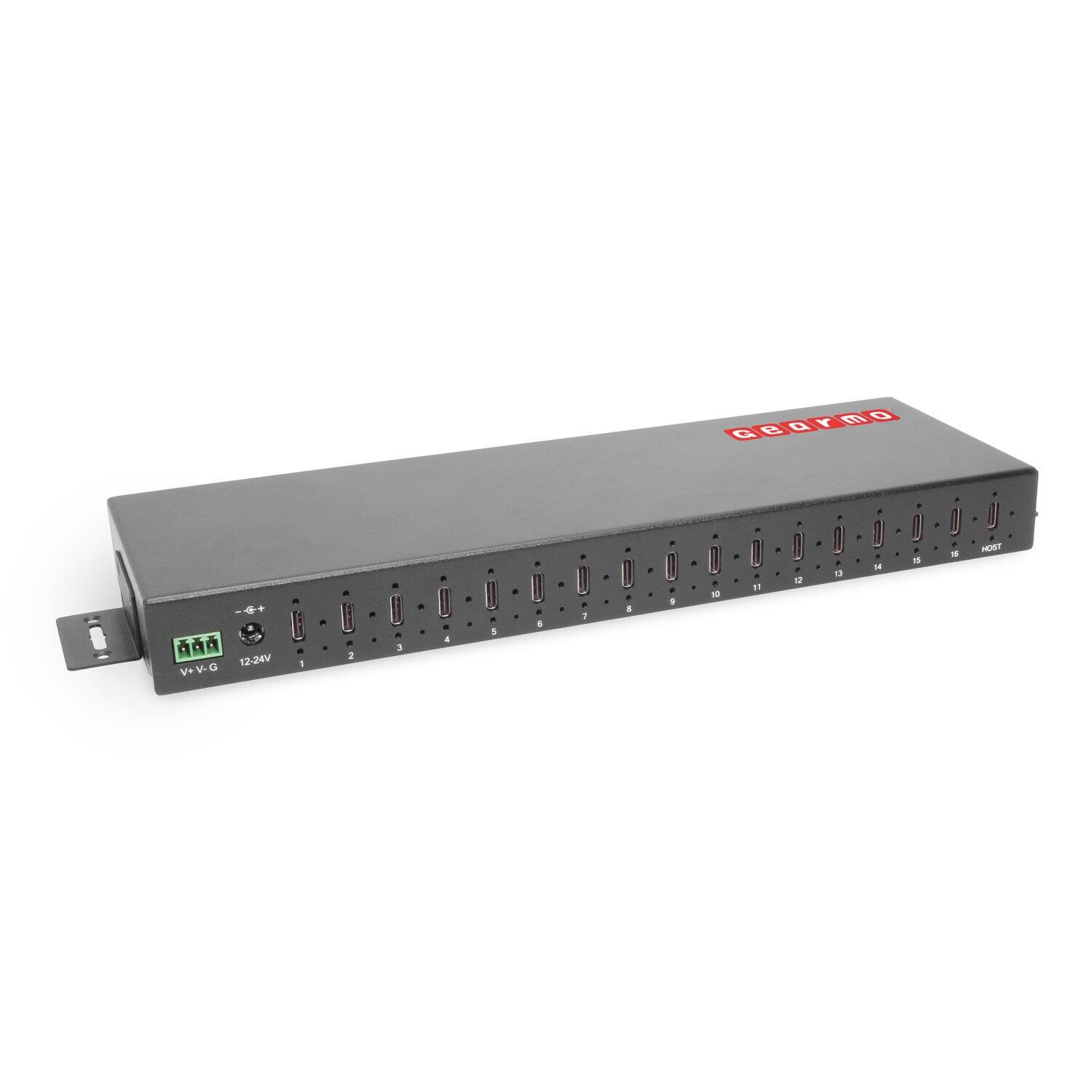 Gearmo - 16-Port USB 3.2 Gen 2 Type-C Hub - 10Gbps - ESD Surge Protection - Rack Mount Ready - Includes Power Supply - Black