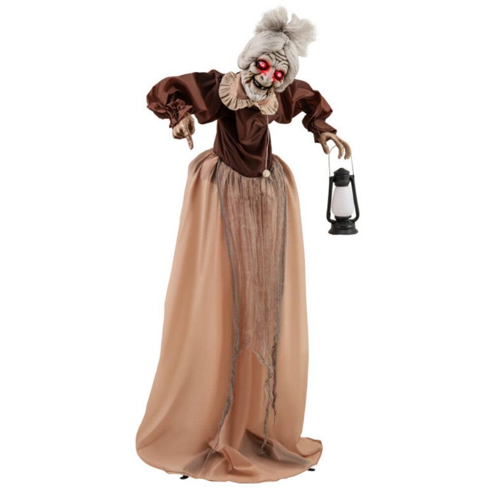 Front. Boyel Living - Life-Size Animated Moving and Talking Old Lady Halloween Prop - Brown.