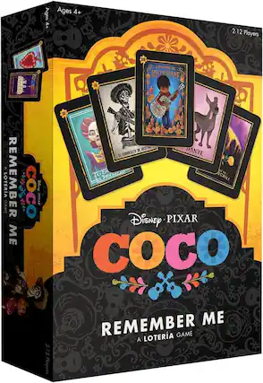 Ages 4+
2-12 Players
Disney Pixar Coco
Remember Me
A Lotería Game
Cards:
28 - La Canción de Recuerdame
31 - El Esqueleto
12 - El Esqueleto de Nectur
Dante
La Jícama
Juchils