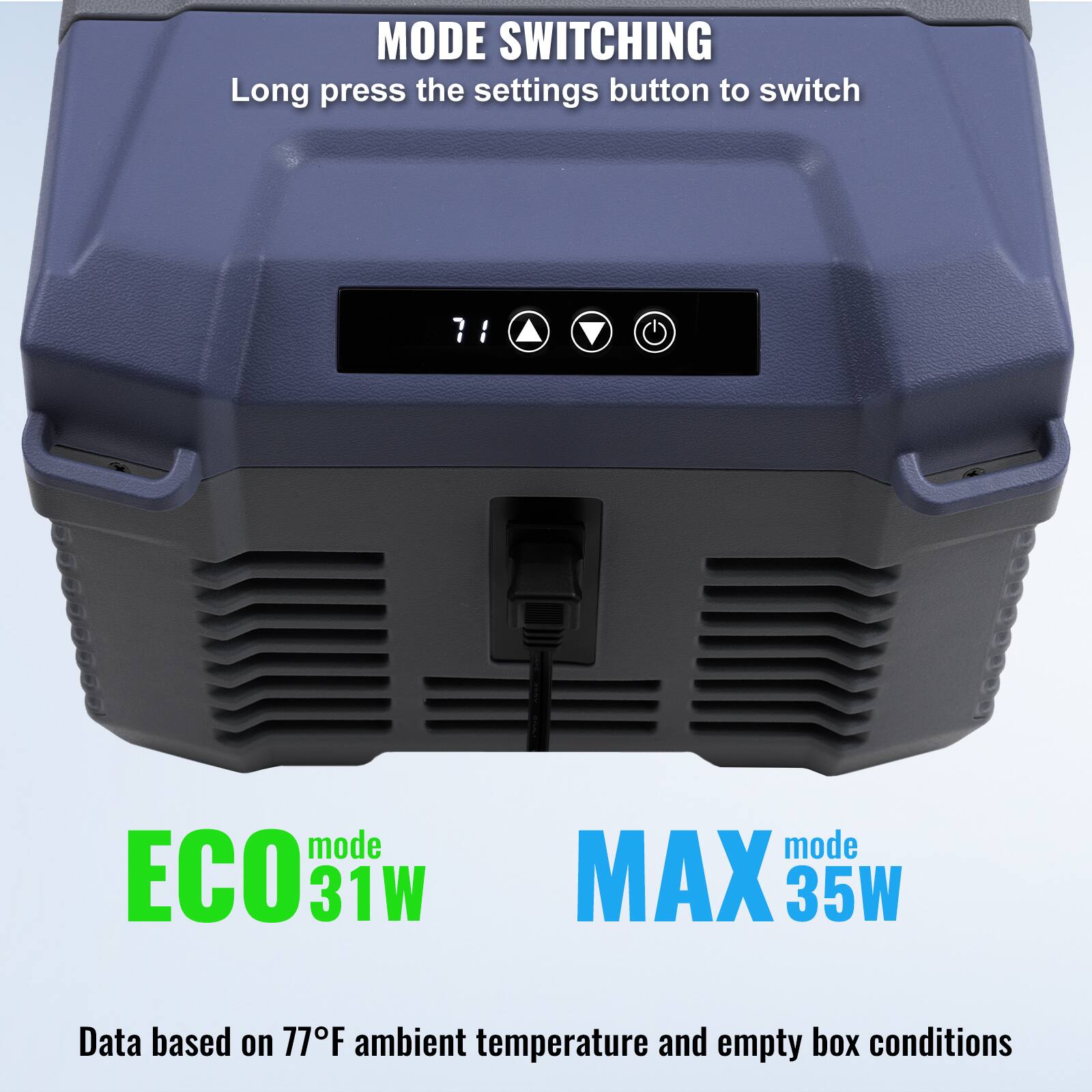 MODE SWITCHING
Long press the settings button to switch
ECO mode 31W
MAX mode 35W
Data based on 77°F ambient temperature and empty box conditions