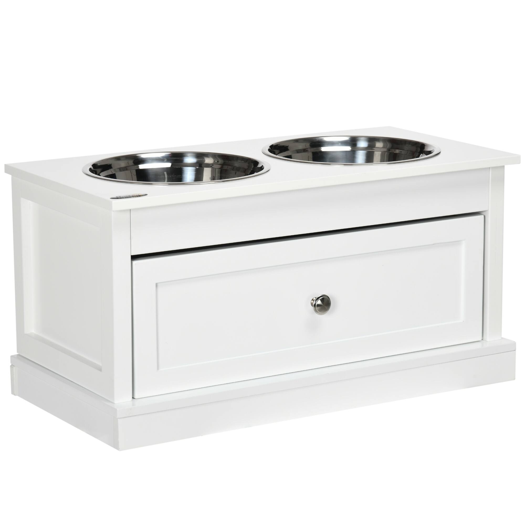 Front. Pawhut - Elevated Dog Bowls with Storage Drawer Containing 11L Capacity, Raised Bowl Stand, Food Bowl, Feeding Station - White.
