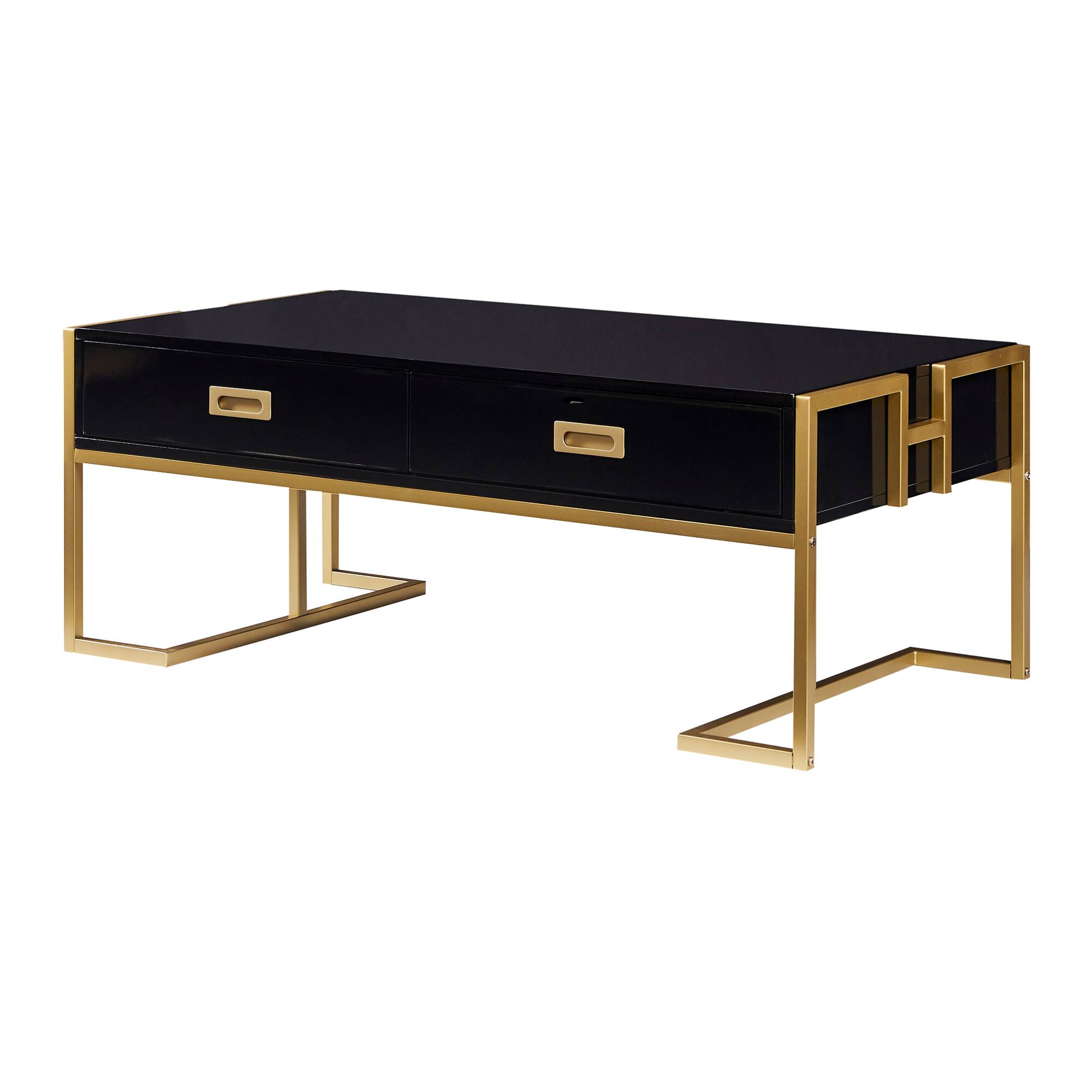 Alt View 4. GOODSILO - Modern Rectangular Coffee Table with Drawers and Metallic Base - Black+Gold.