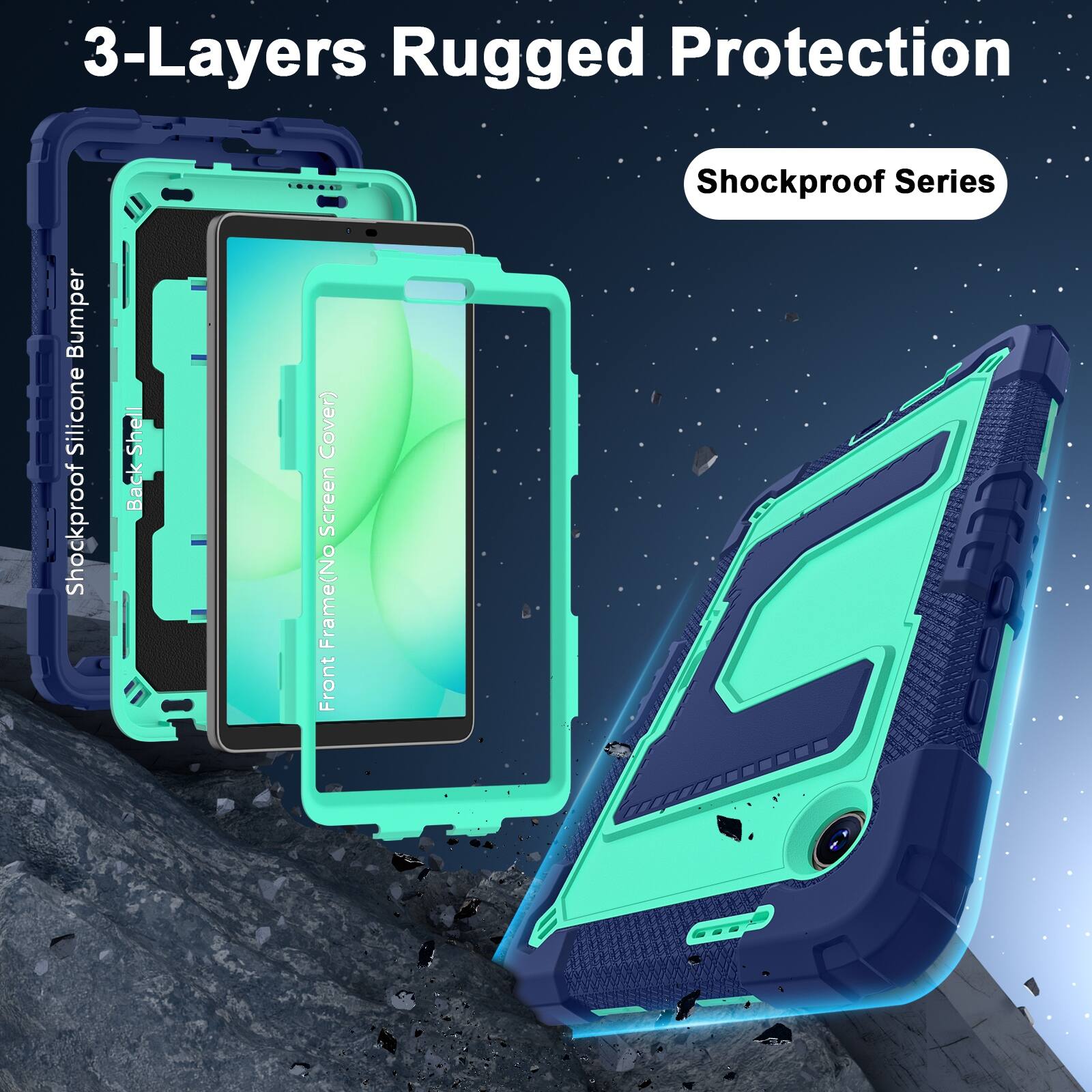 3-Layers Rugged Protection  
Bumper Silicone Shockproof  
Shell Back  
Cover) Screen Frame(No Front  
Shockproof Series