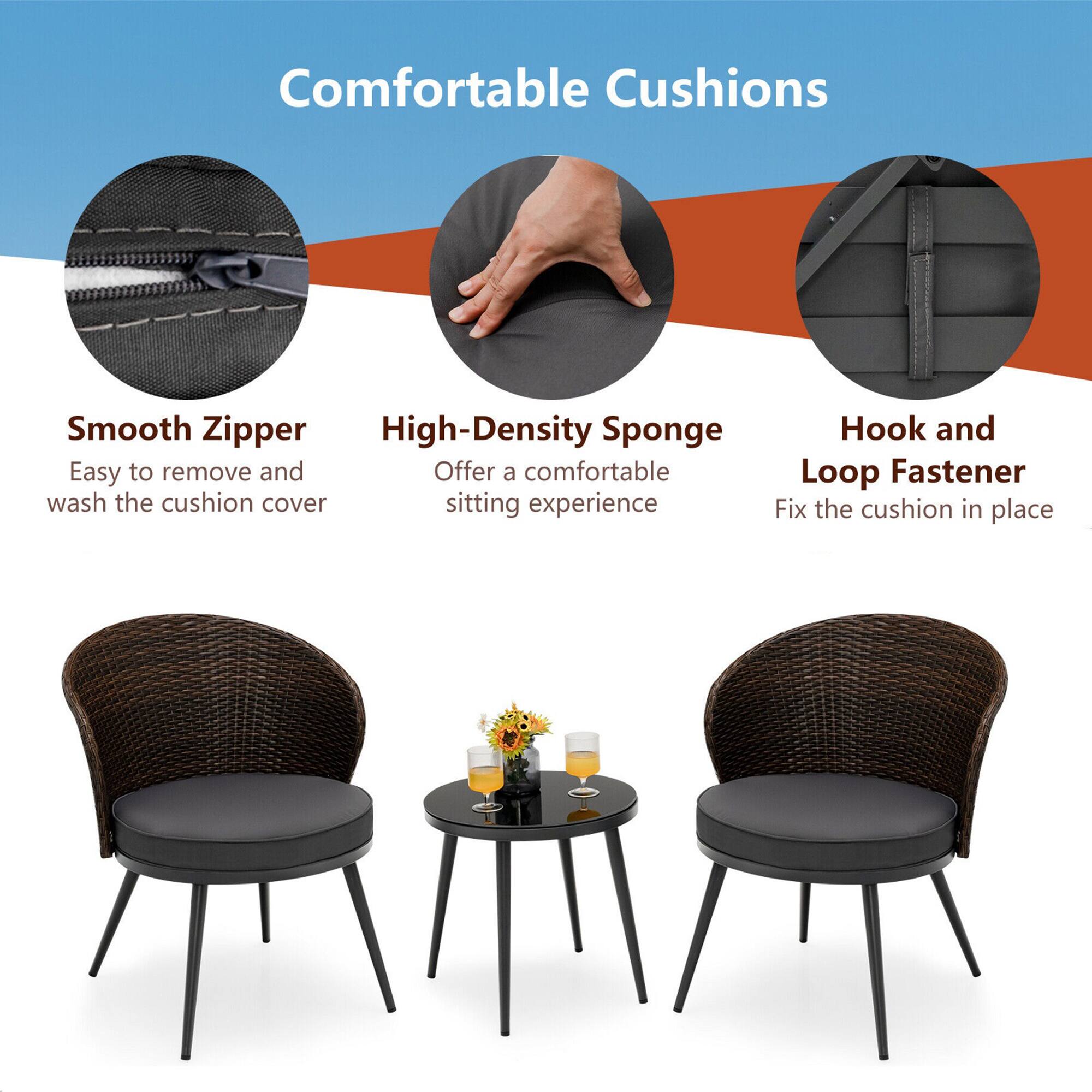 Comfortable Cushions

Smooth Zipper  
Easy to remove and wash the cushion cover

High-Density Sponge  
Offer a comfortable sitting experience

Hook and Loop Fastener  
Fix the cushion in place