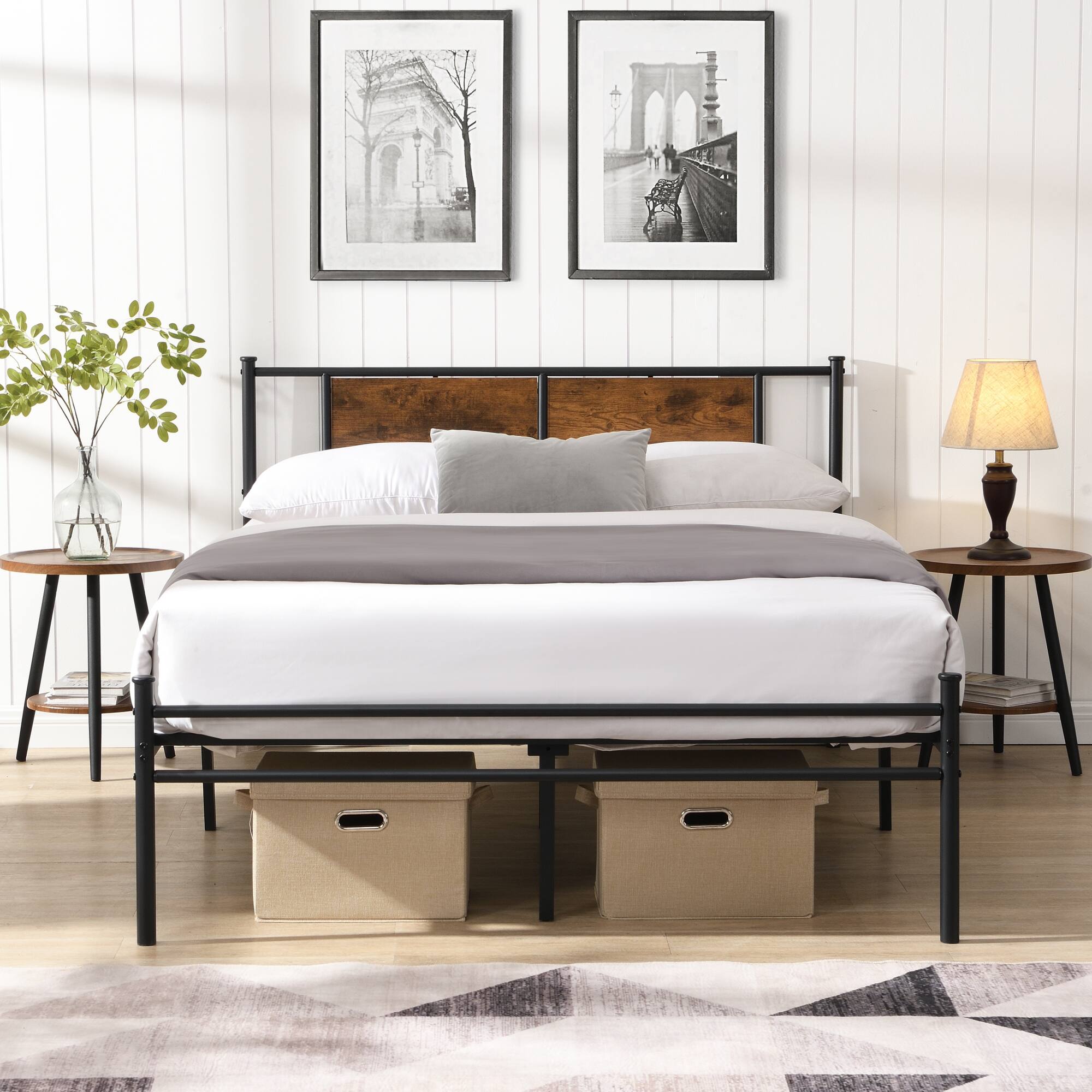 Angle. GOODSILO - King Size Metal Bed Frame with Headboard and Wood Panel Design, Sturdy Steel Structure for Durability and Stability - Black+Brown.
