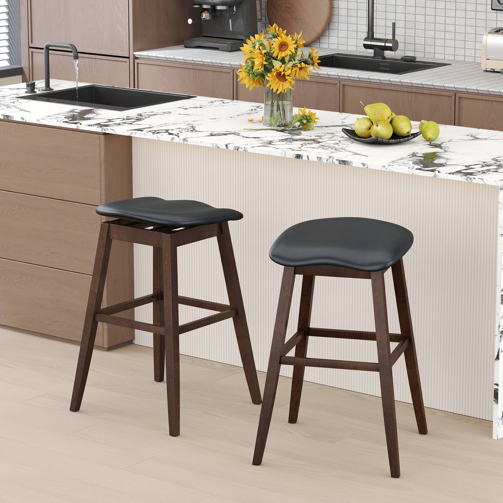 Alt View 1. Gymax - Gymax Set of 2 Swivel Bar Stools 31'' Bar Chairs w/ Padded Contoured Seat & Footrest - Black, Brown.