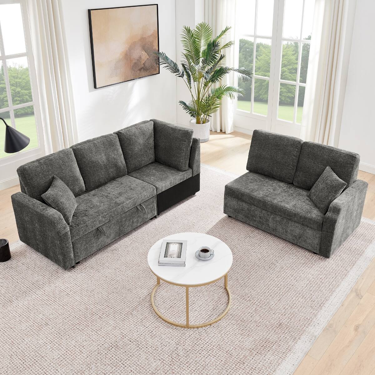 Alt View 2. Ropilly - Ropilly Dark Grey Modular Sectional Sleeper Sofa, 5 Seat L Shaped Sectional with Pull Out Bed - Dark Grey.