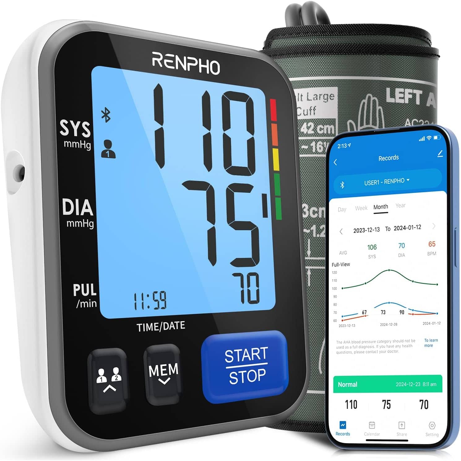 Renpho - Smart Blood Pressure Monitor, Wide Cuff, Data Storage, Bluetooth - Black