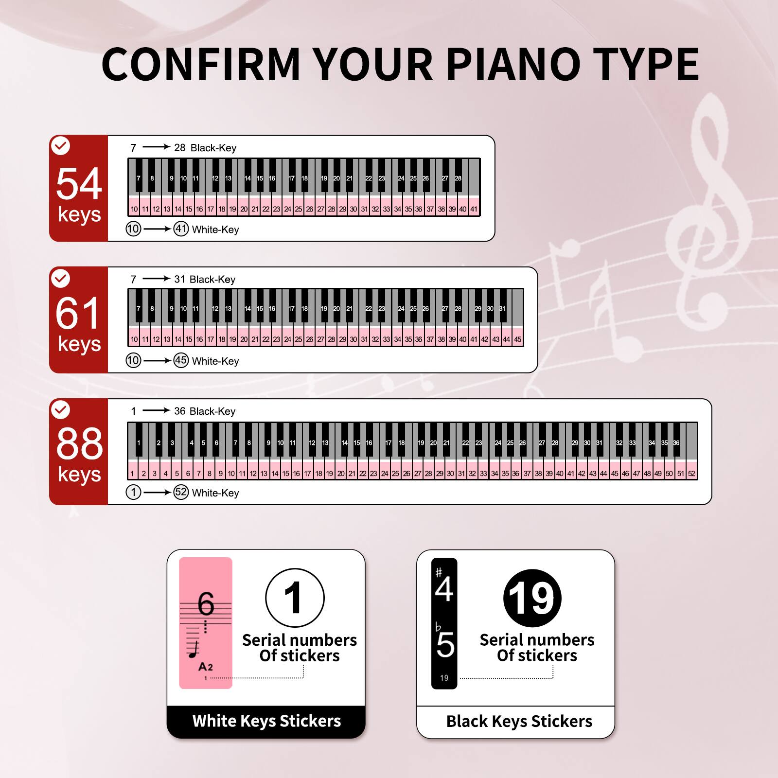 CONFIRM YOUR PIANO TYPE

54 keys
- 7 → 28 Black-Key
- 10 → 41 White-Key

61 keys
- 7 → 31 Black-Key
- 10 → 45 White-Key

88 keys
- 1 → 36 Black-Key
- 1 → 52 White-Key

Serial numbers Of stickers
- White Keys Stickers: 1
- Black Keys Stickers: 4, 5, 19